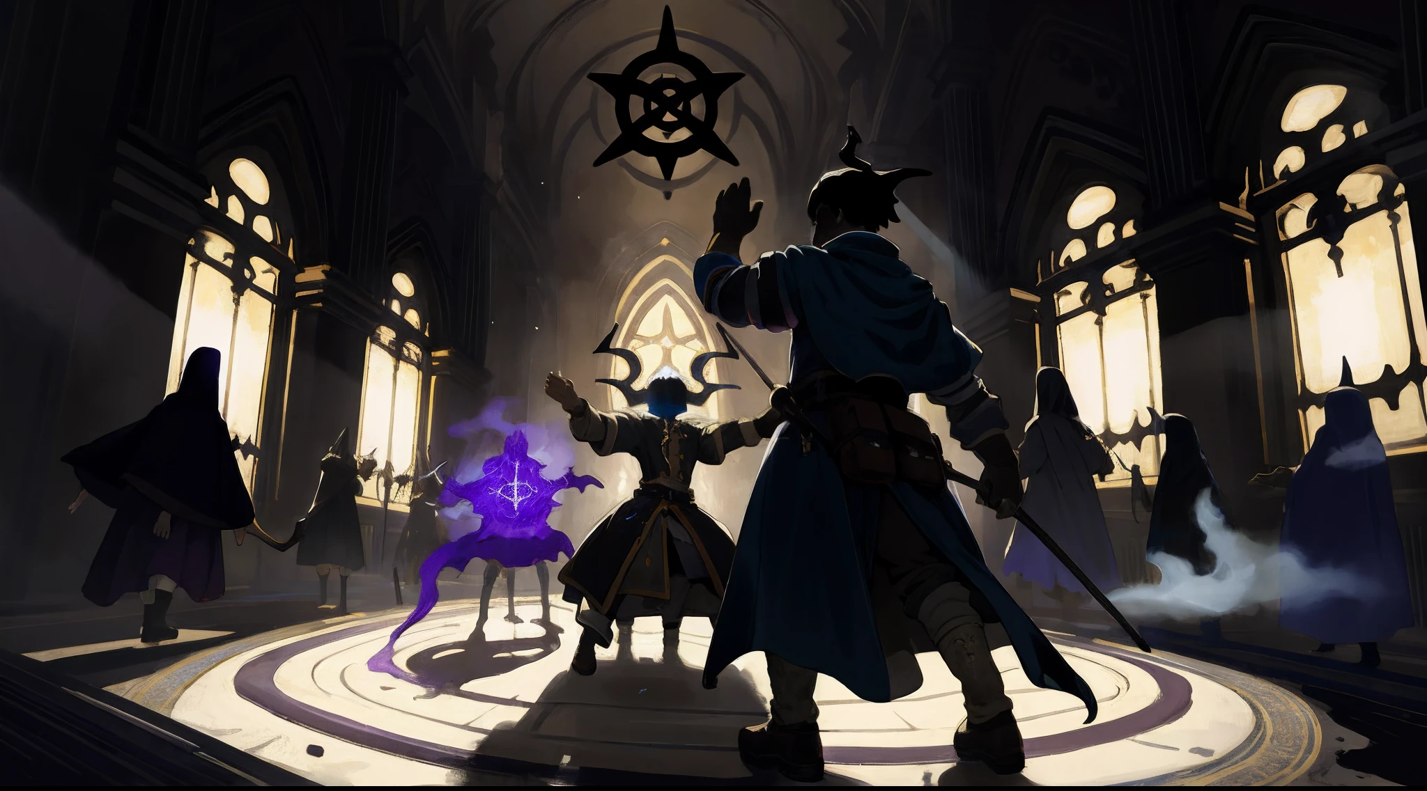 highres, top quality, best quality, paid reward available, High-quality illustrations by Vermeer, unparalleled masterpiece, perfect artwork, absurdres, perfect anatomy, standing in room, summoning an eldritch god,, summoning undead friends, spellcasting pose, album art, mmorpgs scene, dynamic lighting, deep shadow, cinematic angle,