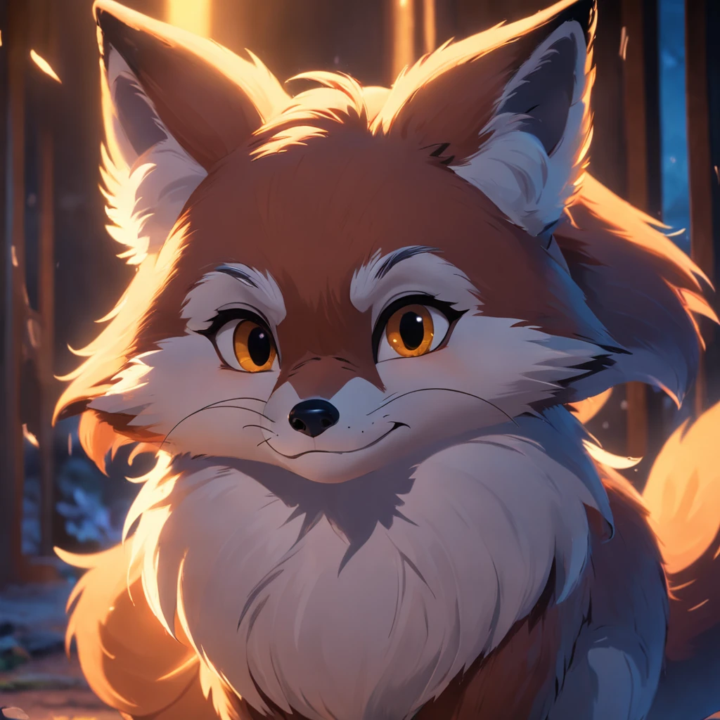 Adorable fox in disney movie style, usando um casacp com oculos na frente, cinematic lighthing, Depth detection, hiper detalhada, qualidade 8k.