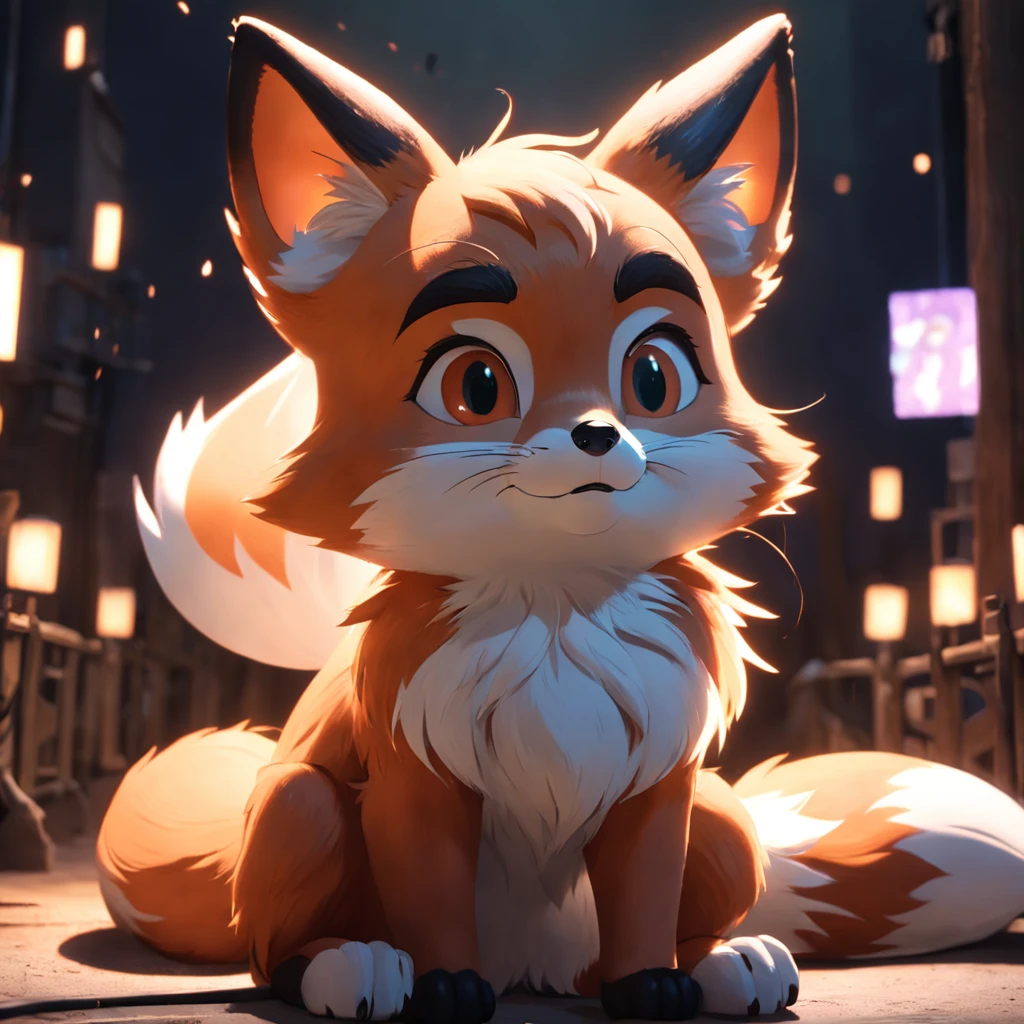 Adorable fox in disney movie style, usando um casacp com oculos na frente, cinematic lighthing, Depth detection, hiper detalhada, qualidade 8k.