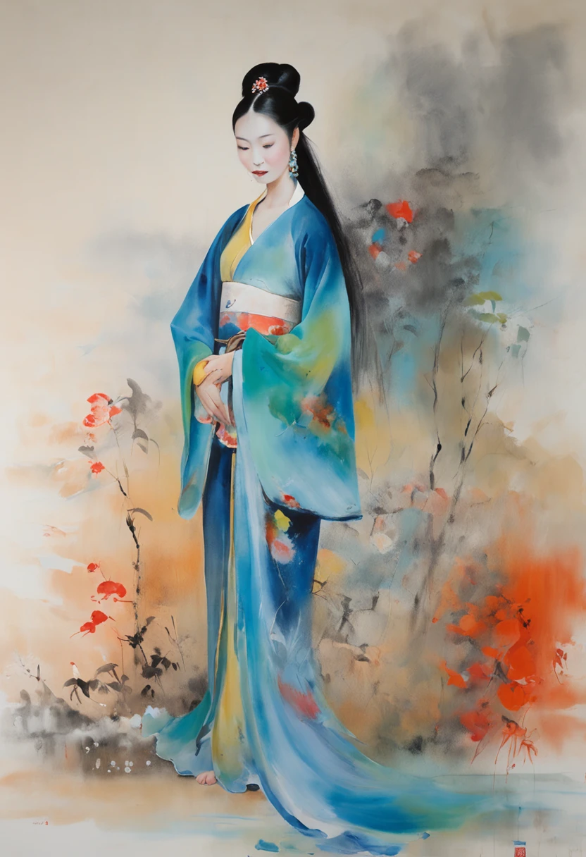 Traditional chinese painting, lotuses, Hanfu, maxiskit, Dress conservatively 1girl, solo, blue long hair, ssmile, standing on your feet, Feet in the water, The barefoot,tmasterpiece,best qualtiy