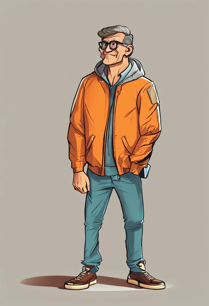 cartoon character, nerd glasses, orange jacket, yellow background, parte superior do corpo cabelos pretos e longos