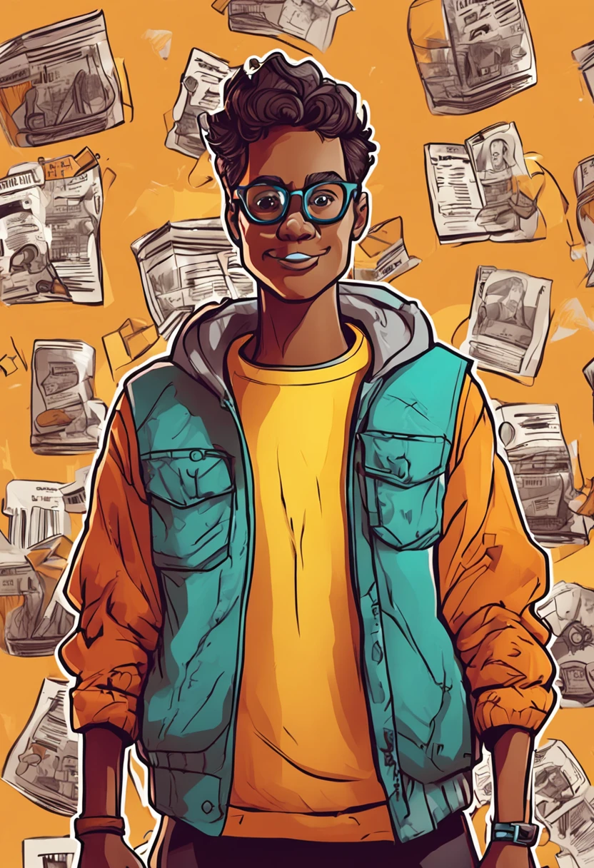 cartoon character, nerd glasses, orange jacket, yellow background, parte superior do corpo cabelos pretos e longos