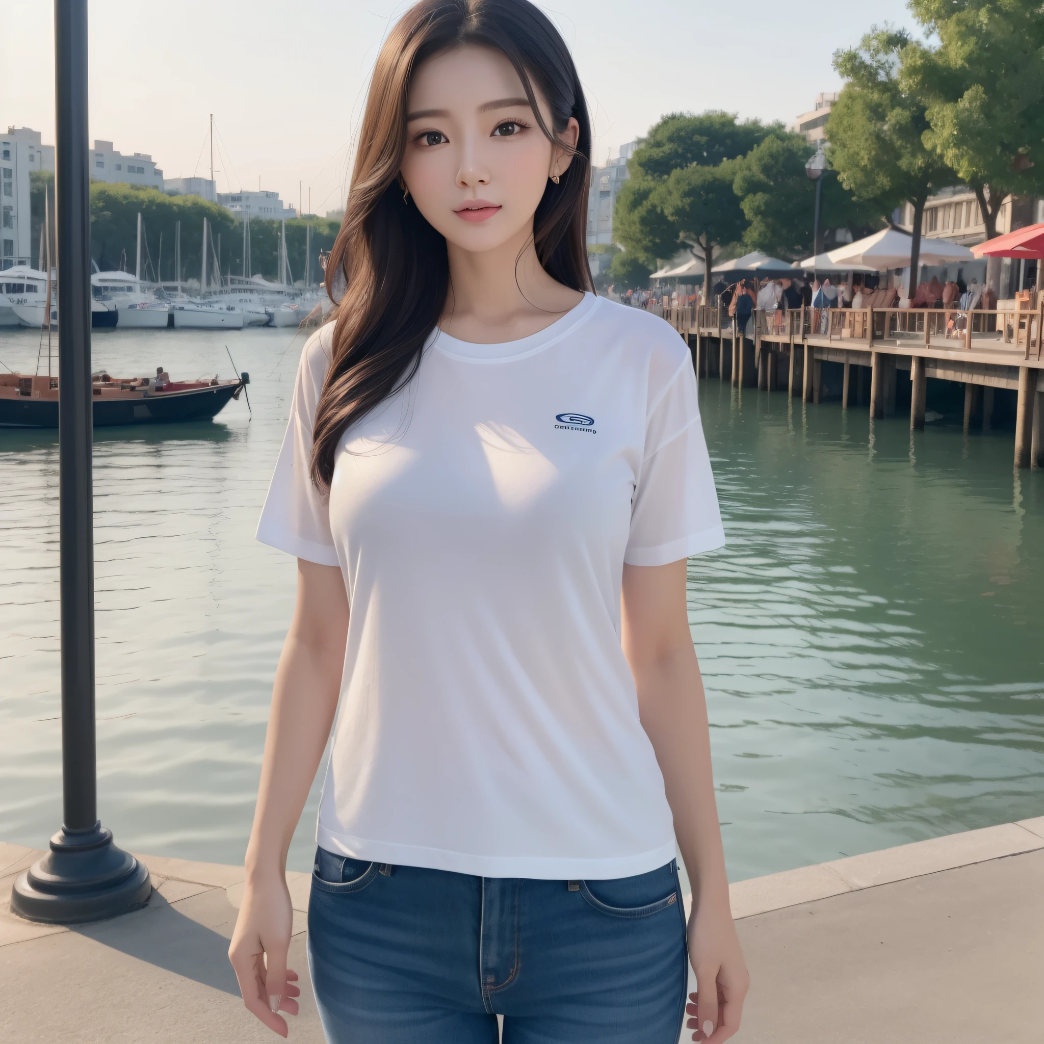 One lady、((best qualtiy、8k masterpieces:1.3))、foco nítido:1.2、(ultra beautiful faces:1.0)、(shinny skin:1.0)、photos realistic、A dark-haired、Video Lighting、High-definition eyes and face、Video Lighting、(Korean Cute Actress)、from the front side、medium breasts、ssmile、Slender Abs Beauty、Whole body、wearing t-shirts、At the quay in the early morning、
