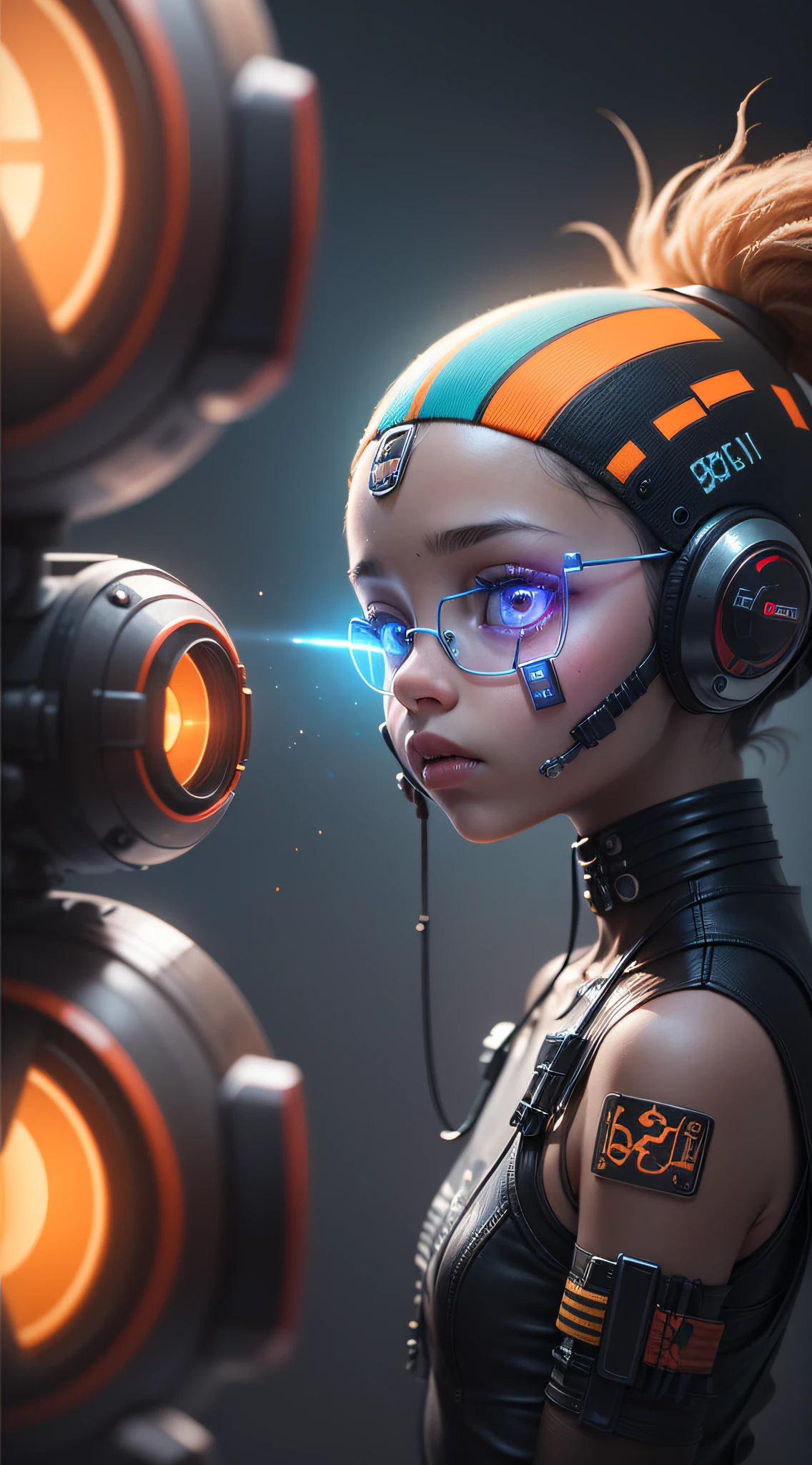 Extraordinary wide portrait of microscopic unknown little small adorable cyberpunk alien species over orange tech style of high tech fashion professional photography, 8k, adorable