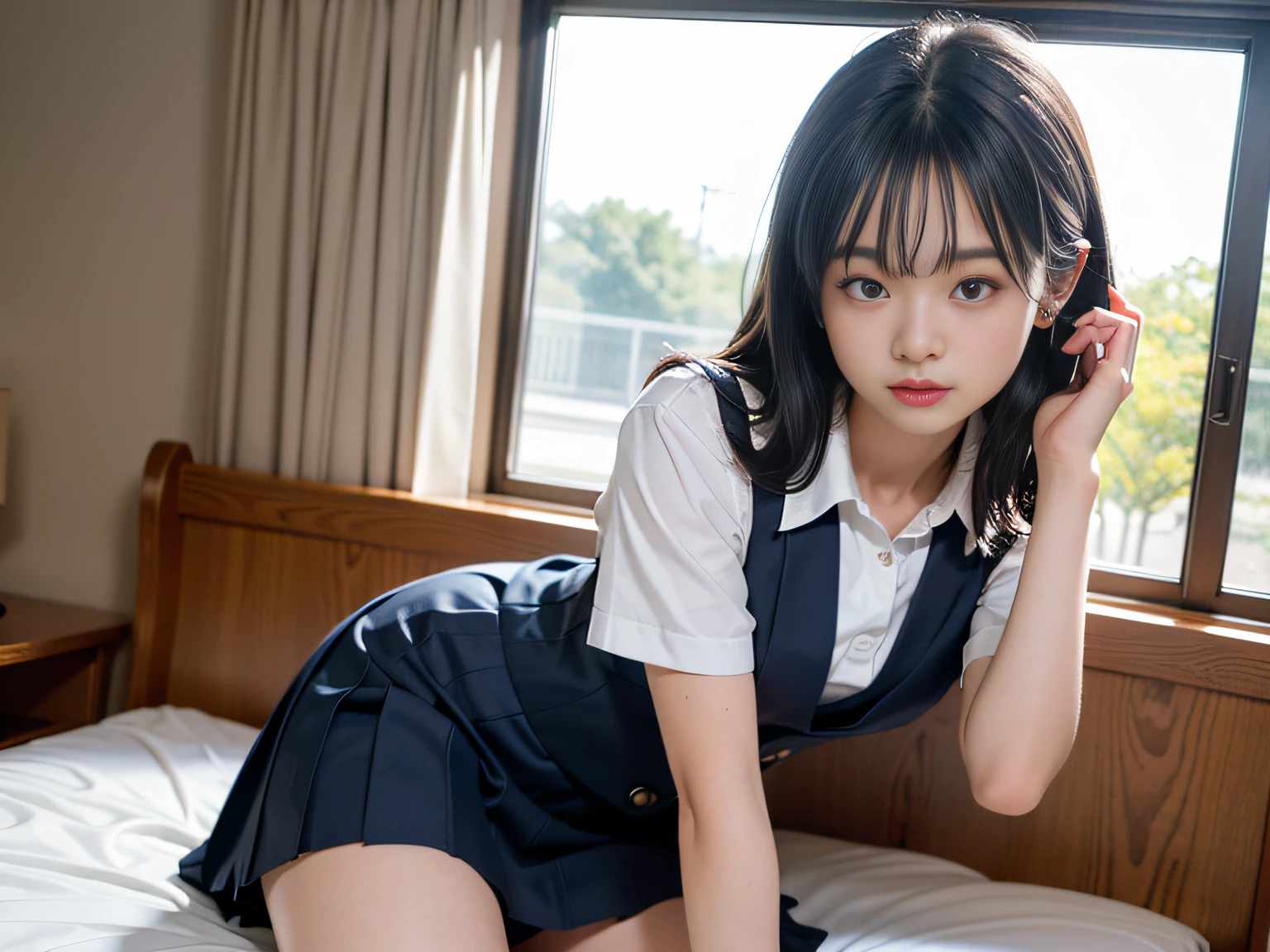 ((top-quality、​masterpiece))、Raw photography、8K、top-quality、 超A high resolution、Beautiful face in every detail、Realistic human skin、Gentle expression、front-facing view、Farbe々From an angle、length hair、realisitic、Photorealsitic、cute little、a short skirt、cute school girl、Japan schoolgirl wearing uniform、Surreal High School Girl、(wrist watch)、a bed、window、