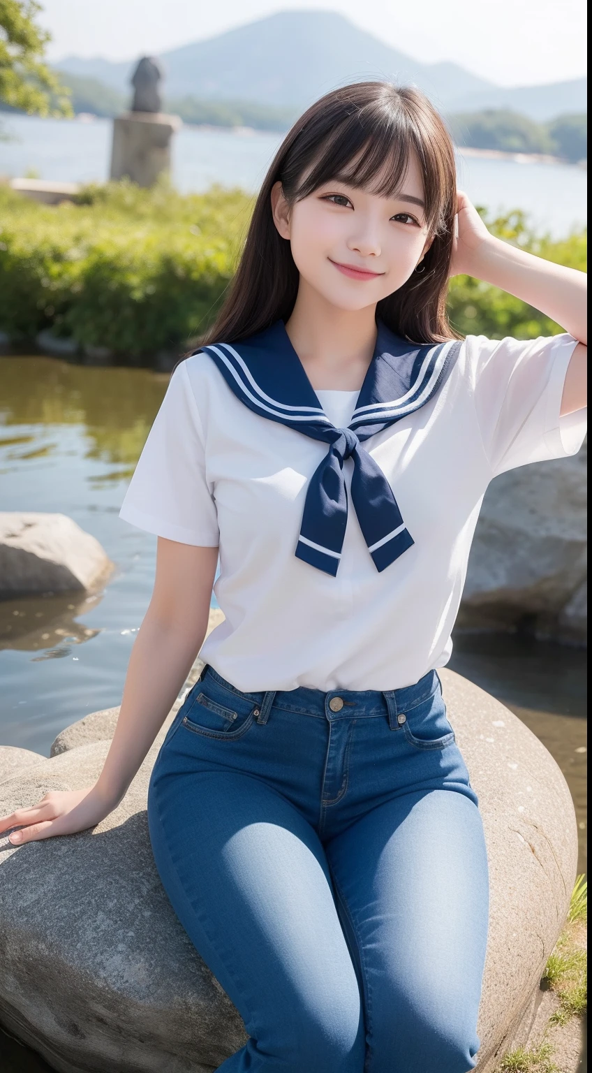 (highest quality, 8k, 32k, masterpiece, Hmph:1.2), (RAW Photos), (Realistic), (Photorealistic:1.2), (High resolution), Very detailedな, Very beautiful face and eyes, 1 girl,  Round and small face, small breasts and narrow waist、(((Small breasts)))、(((White wall background)))、Slim figure, (school uniform, Sailor suit、白いSailor suit, Dark blue pleated skirt:1.23), (Bust Shot)、(((Redhead)))、((short sleeve Sailor suit))、(close、highest quality、Attention to detail、Rich skin detail、Hmph)、(highest quality, 8k,  Tabletop:1.2), Very detailed, (Realistic, Realistic:1.37), (((Full Body Shot)))、Bright colors, (((Hand in hand)))、(((Sexy vibe)))、(((13-year-old female)))、((Bust is A cup))、(((Light brown hair)))、(((White Background)))、(((Cleavage)))、(((Girlish hairstyle)))、(((Long Hair)))、(((In front of a white wall)))、(((Light brown hair)))、(((I put my hand on my cheek)))、(((He has a wicked smile on his face)))、(((Chest circumference: 75cm)))、(((Small breasts mischievous expression)))、Sit with your knees bent、Red cheekicro Mini Skirt