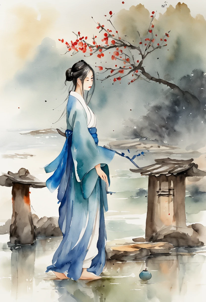 Traditional chinese painting, lotuses, Hanfu, maxiskit, Dress conservatively 1girl, solo, blue long hair, ssmile, standing on your feet, Feet in the water, The barefoot,tmasterpiece,best qualtiy