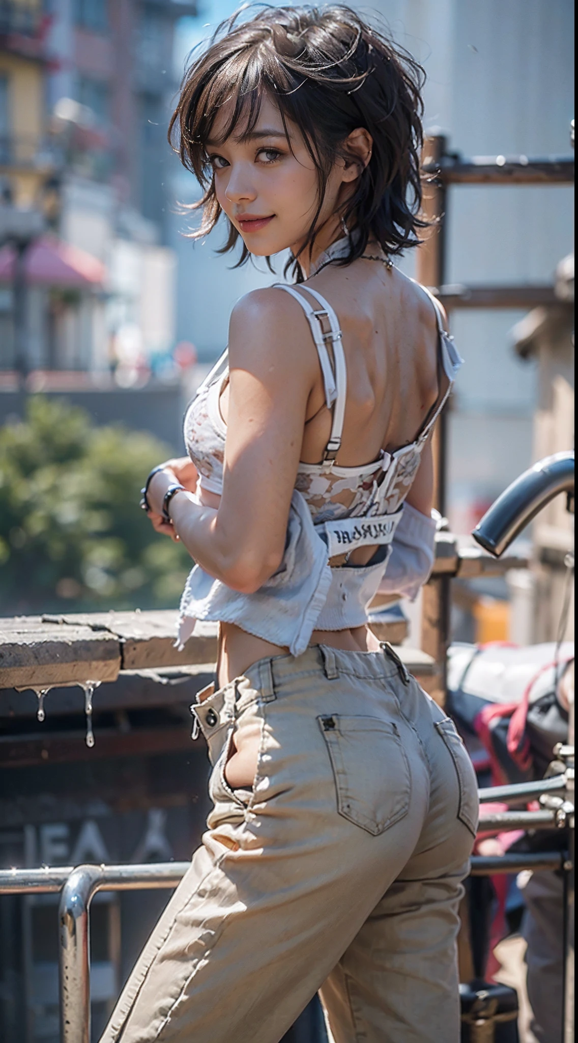 NSFW, 1girl in, Well-formed face, Ideal ratio body proportions, Modern old cityscape, Sunnyday, ((facing back)), (((emphasis on the buttocks))), (((Long trouser overalls))), ((((Sportsbra))), Wet, Torn clothing, Smiling smile, de pele branca, A slender, Dark hair, short-hair, beauty legs, Small buttocks, surrealism, Cinematic lighting, depth of fields, One-person viewpoint, F/1.8, 135 mm, canon, nffsw, masutepiece, ccurate, Anatomically correct, Textured skin, Super Detail, high details, High quality, awardwinning, Best Quality, hight resolution, 1080p, 4K, 8K