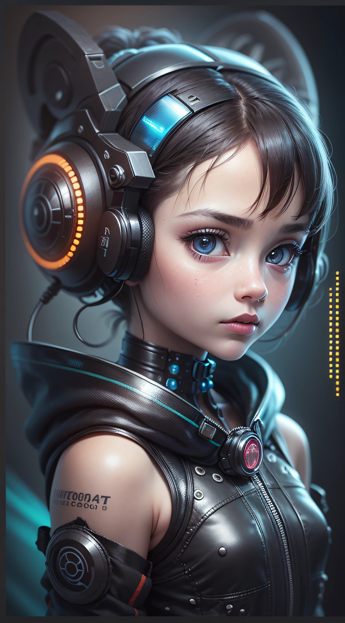 Extraordinary wide portrait of microscopic unknown little small adorable cyberpunk alien species over orange tech style of high tech fashion professional photography, 8k, adorable