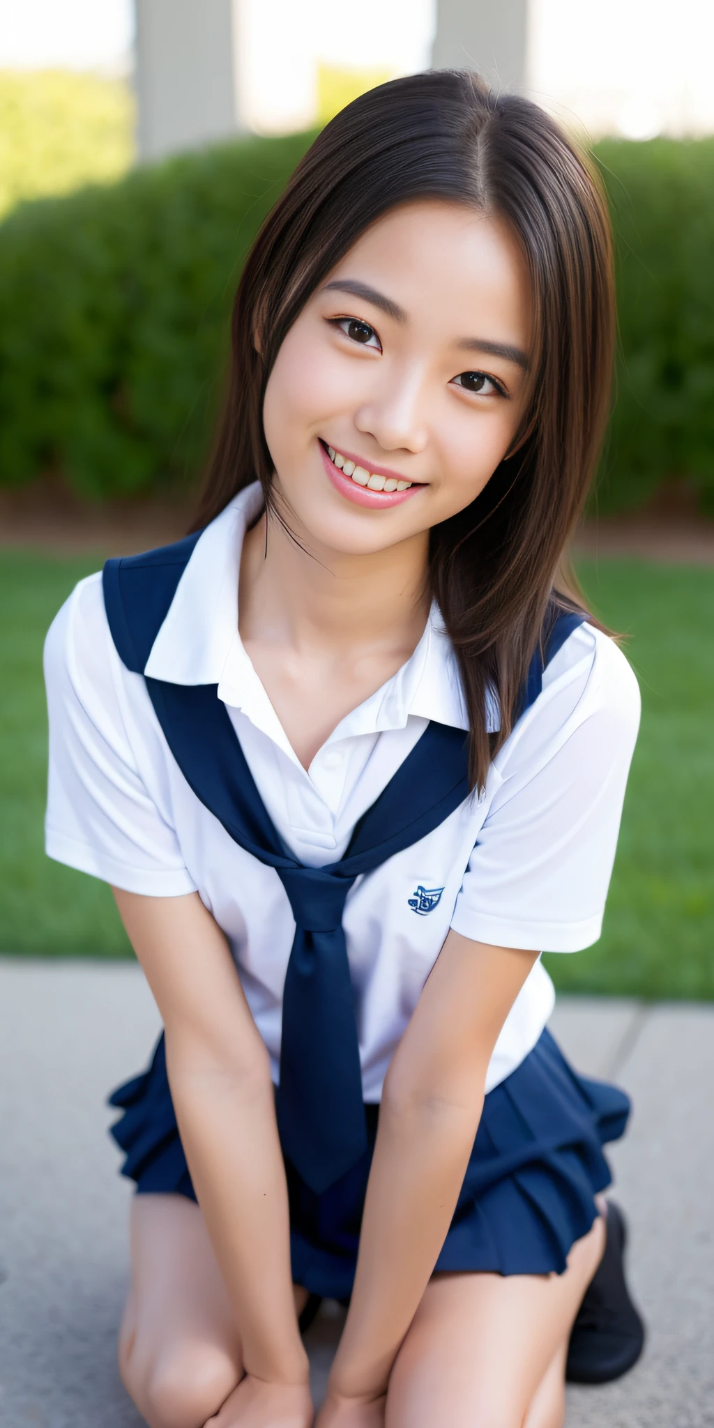 neat college girl, ite person, (school uniform, summer uniform, short sleeves), outside the athletic field, (slim, small, flat, small), photorealistic, detail, skin texture, super detail, delicate and sexy collarbone, smile, super detailed face, detailed lips, detailed eyes, double eyelids, legs sitting bending knees, squatting, white panties are visible from the skirt, Sexy poses