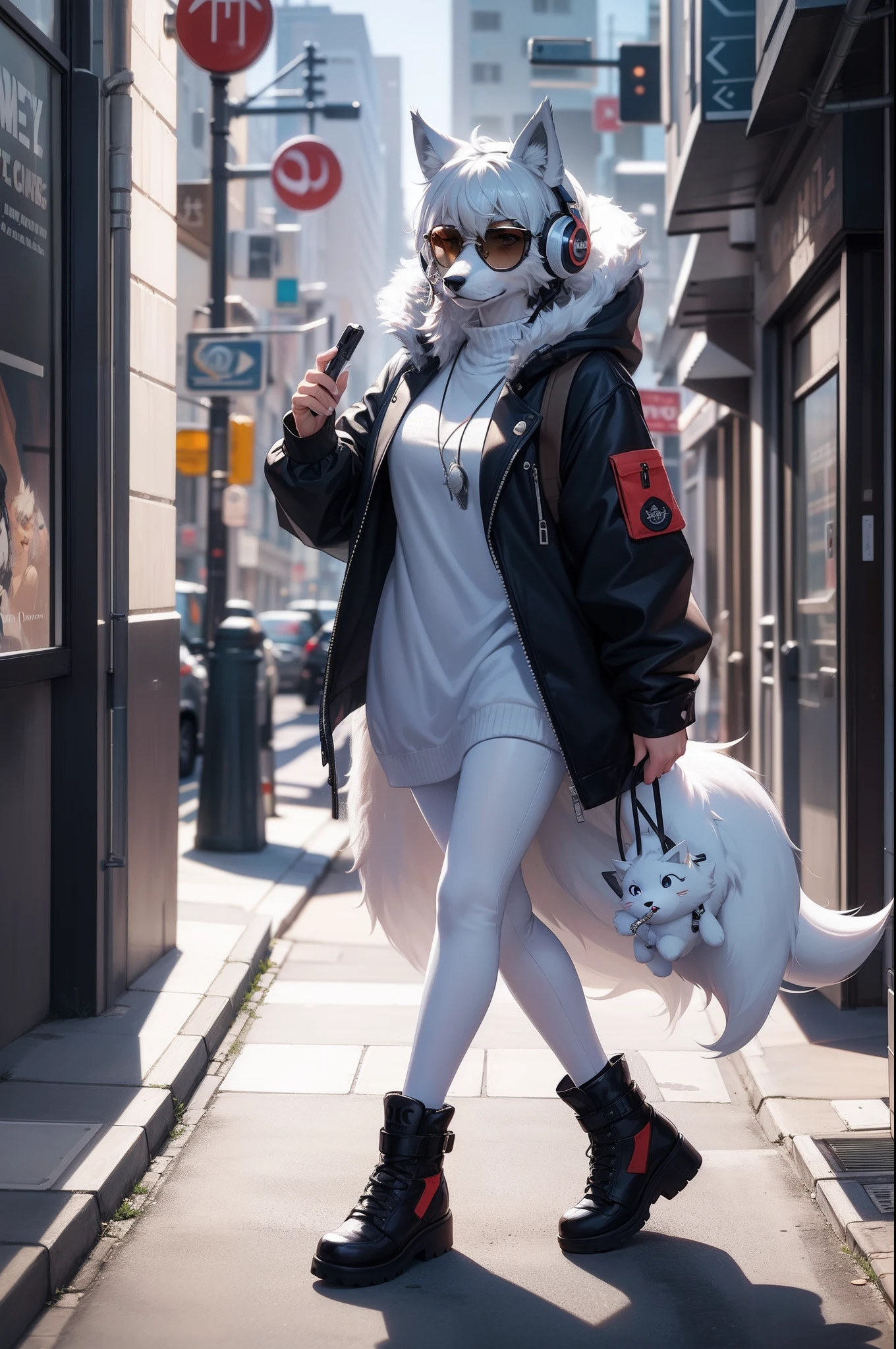 3Drenderingof, Q version cartoon style, Solo, Furry(wolf),Anthropomorphic animals, Wear fashionable silver dress and sunglasses,Music headphones,Walk the street