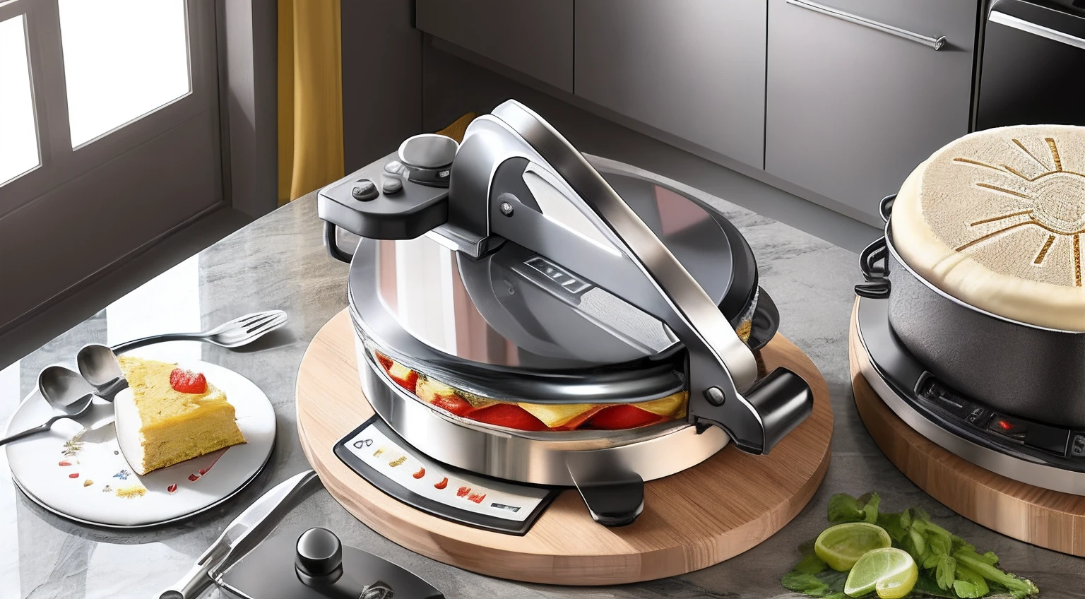 Electric tortilla machine，Electric spring cake machine，American household use，8 inch cooking area，Stainless steel primary color metallic texture，Press up and down to heat together，A handle is pressed on it，The upper and lower heating plates are covered together，The handle and top cover have snap closures，The upper cover is mainly stainless steel, supplemented by black plastic，The following is supplemented by black plastic and metal decoration，The plot size is 1920x1080px