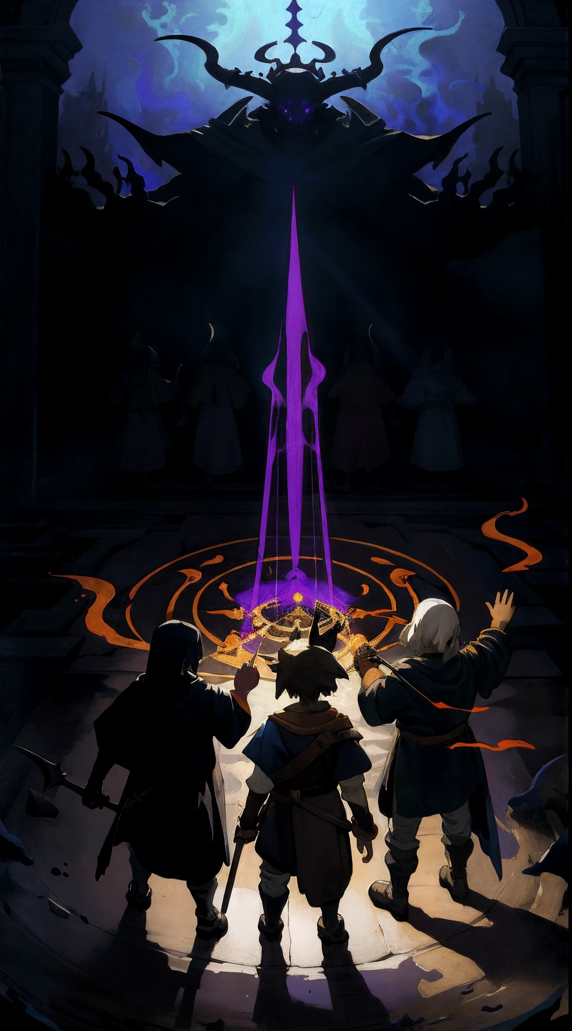 highres, top quality, best quality, paid reward available, High-quality illustrations by Vermeer, unparalleled masterpiece, perfect artwork, absurdres, perfect anatomy, standing in room, summoning an eldritch god,, summoning undead friends, spellcasting pose, album art, mmorpgs scene, dynamic lighting, deep shadow, cinematic angle,