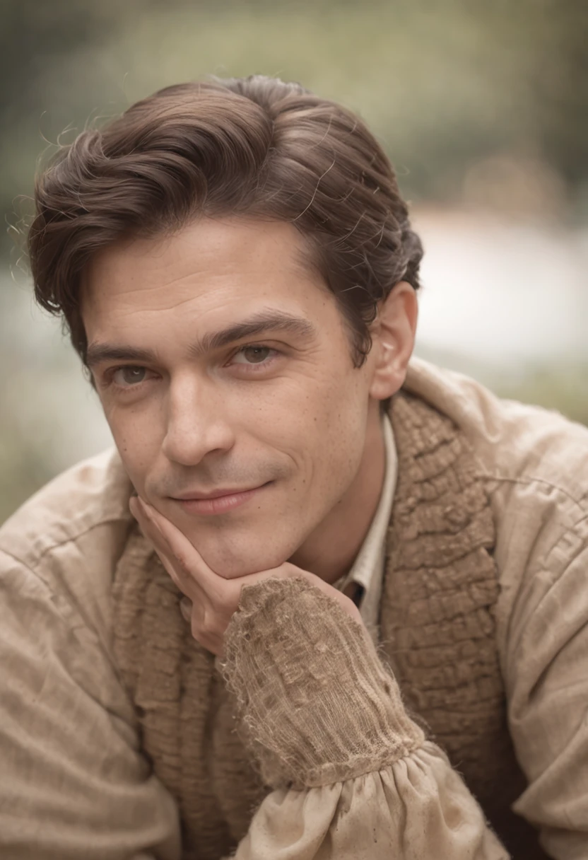 Uma fotografia realista vintage granulada de baixa qualidade nos anos 60, um homem bonito sorrindo, sentado em um banco