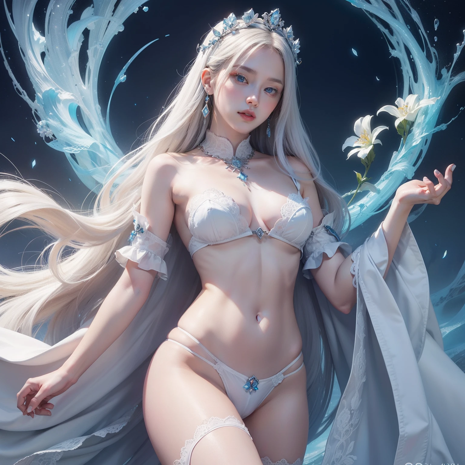 White goddess blue eyes in human shape、beautiful body of a flower of a very attractive age with white pubic hair,