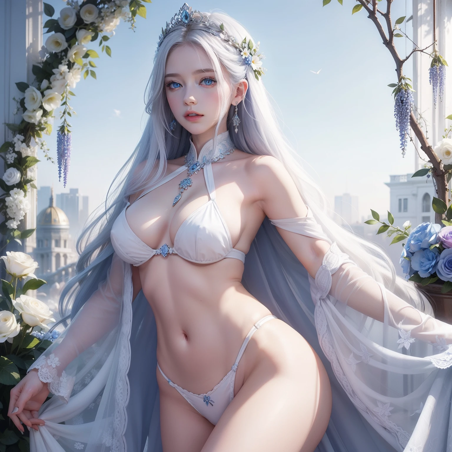 White goddess blue eyes in human shape、beautiful body of a flower of a very attractive age with white pubic hair,