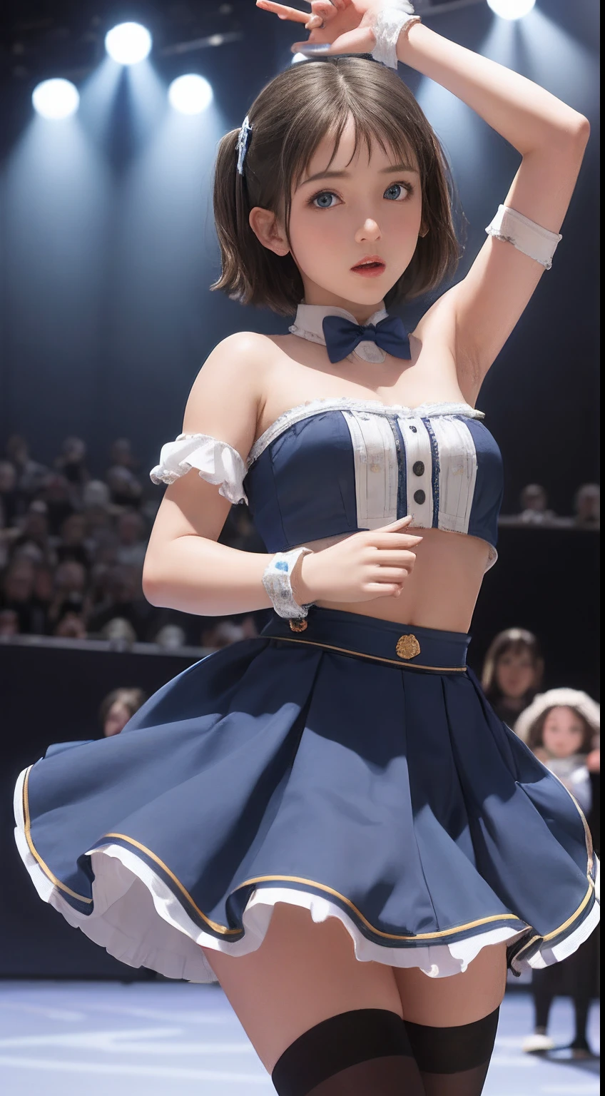 masterpiece, best quality, absurdres, perfect anatomy, 1girl, solo, Ronye Arabel, short hair, blue eyes, idol, idol uniform, bowtie, skirt, brooch, dress, concert, on stage, frilled skirt, jewelry, layered dress, short sleeves, ((midriff)), thighhighs, microphone, holding microphone, stage lights