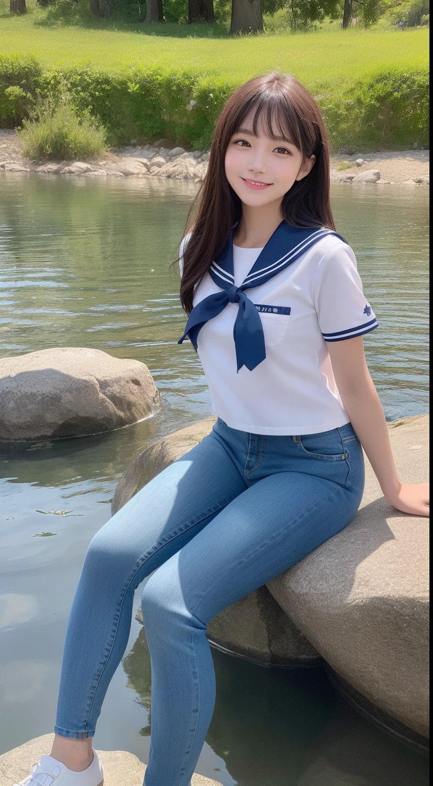 A smiling girl,In sailor suit,Blue skinny jeans,Sitting on a large rock by the pond,com rosto detalhado,The eyes are delicate,The photo quality is the best,Realistic image quality,Background diffuse lighting,Depth of field display。