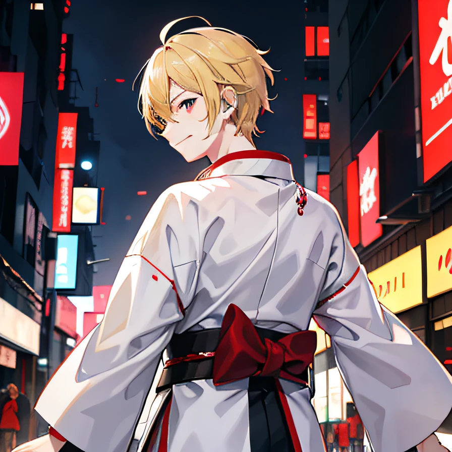 Gentle young samurai,Turning around and smiling,1人,Hair is blonde,Eyes are blue,Costumes are red and white,near future,World of Cyberpunk.