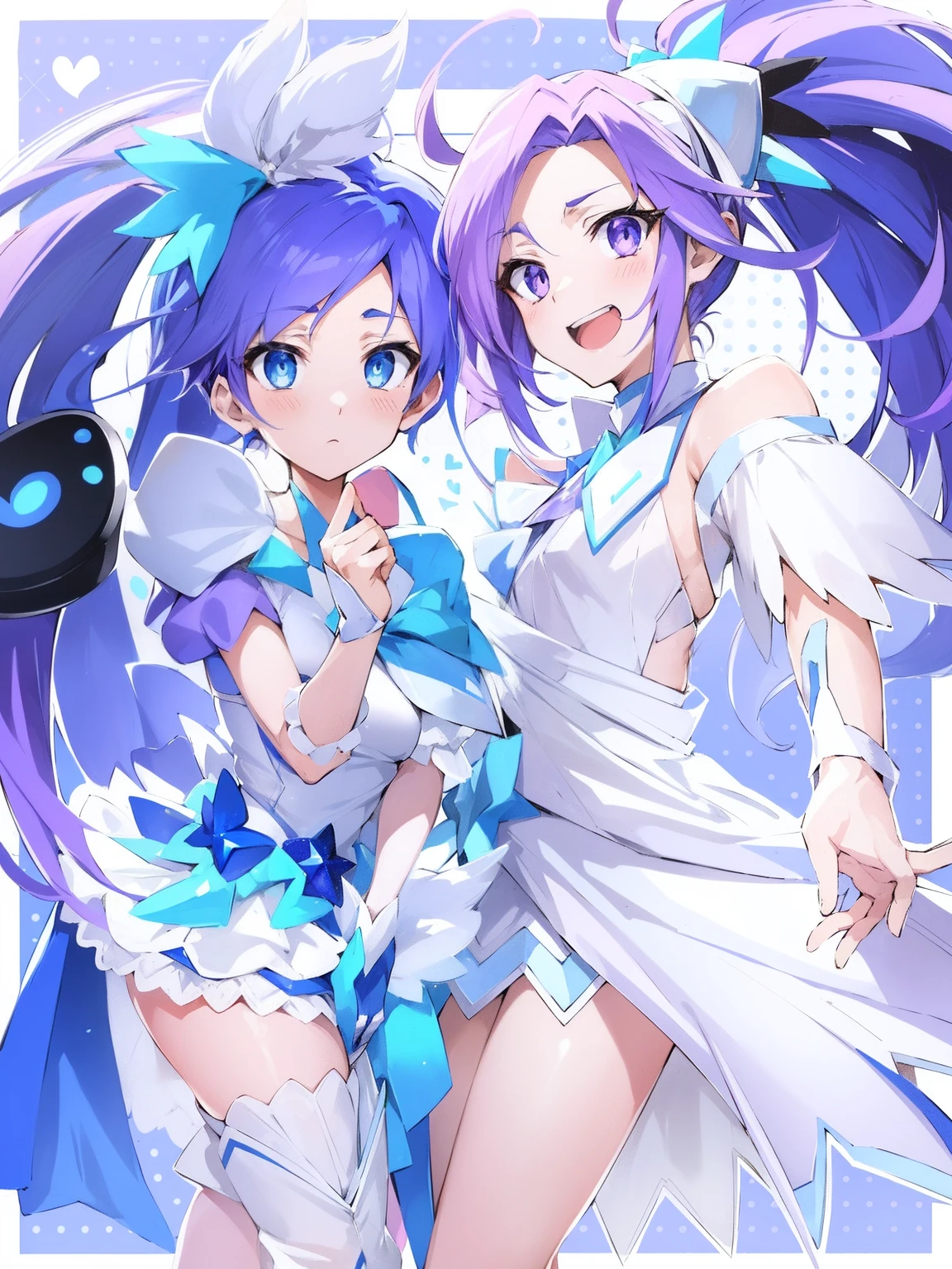 Two anime boys with purple hair and white and blue dresses, Two beautiful anime boys, Symphogear, white and blue, White and blue dress with purple eyes, zerochan art, Happy!!!, y 2 k cutecore clowncore, Ecchi anime style, corporate offices,