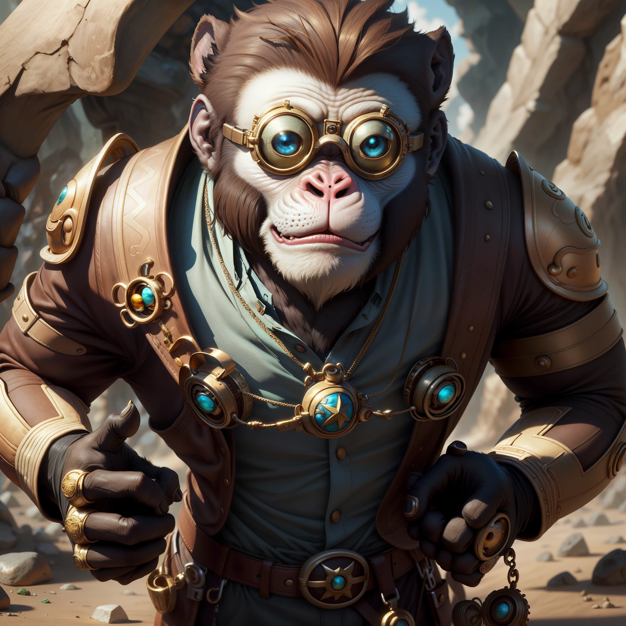 An anthropomorphic monkey，Pedras preciosas，protective goggles，gold，Imitate celebrities