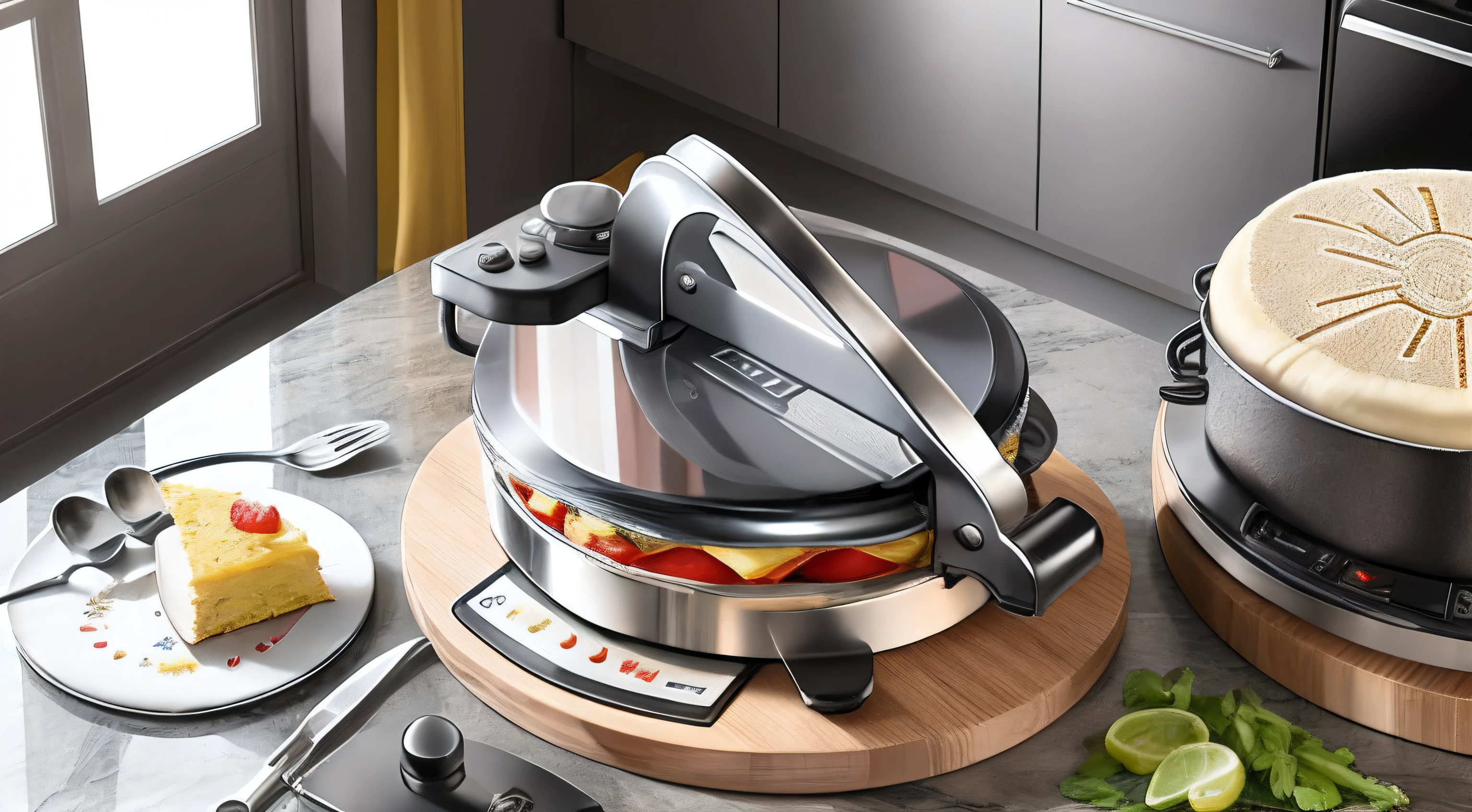 Electric tortilla machine，Electric spring cake machine，American household use，8 inch cooking area，Stainless steel primary color metallic texture，Press up and down to heat together，A handle is pressed on it，The upper and lower heating plates are covered together，The handle and top cover have snap closures，The upper cover is mainly stainless steel, supplemented by black plastic，The following is supplemented by black plastic and metal decoration，The plot size is 1920x1080px