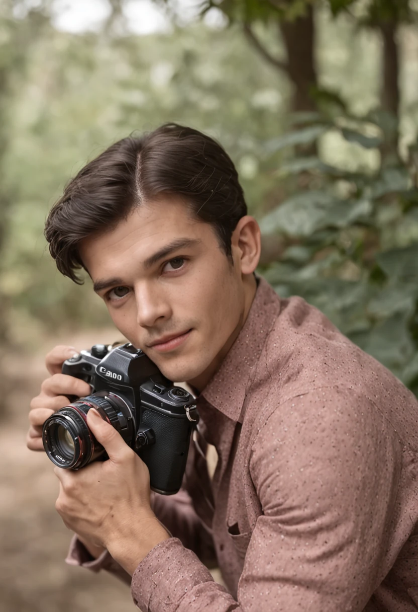 Uma fotografia realista vintage granulada de baixa qualidade nos anos 60, um homem bonito sorrindo, sentado em um banco