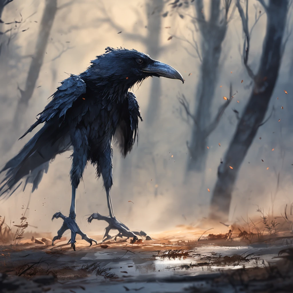 Two crows on a dead tree, A shadow shaped like a walker, Starry night, Thick fog on the ground, Blue light on the horizon, Unreal Engine 5, Cinematic, low angle photography, Motion blur, Depth of field, Dust, Cobblestones and dirt. Splash Art, dripping paint. Perfect color grading. Influenced by Karel Appel and Jeremy Mann, Full of dramatic and threatening scenes, Hyper-detailed, Beautiful, insanely details, Intricate details, editorial photography, shot with a 50mm lens, Depth of field, Tilt Blur, Shutter speed 1/1000, f/22. Lightmaps, Super bright，A woman dressed in red walks through the forest