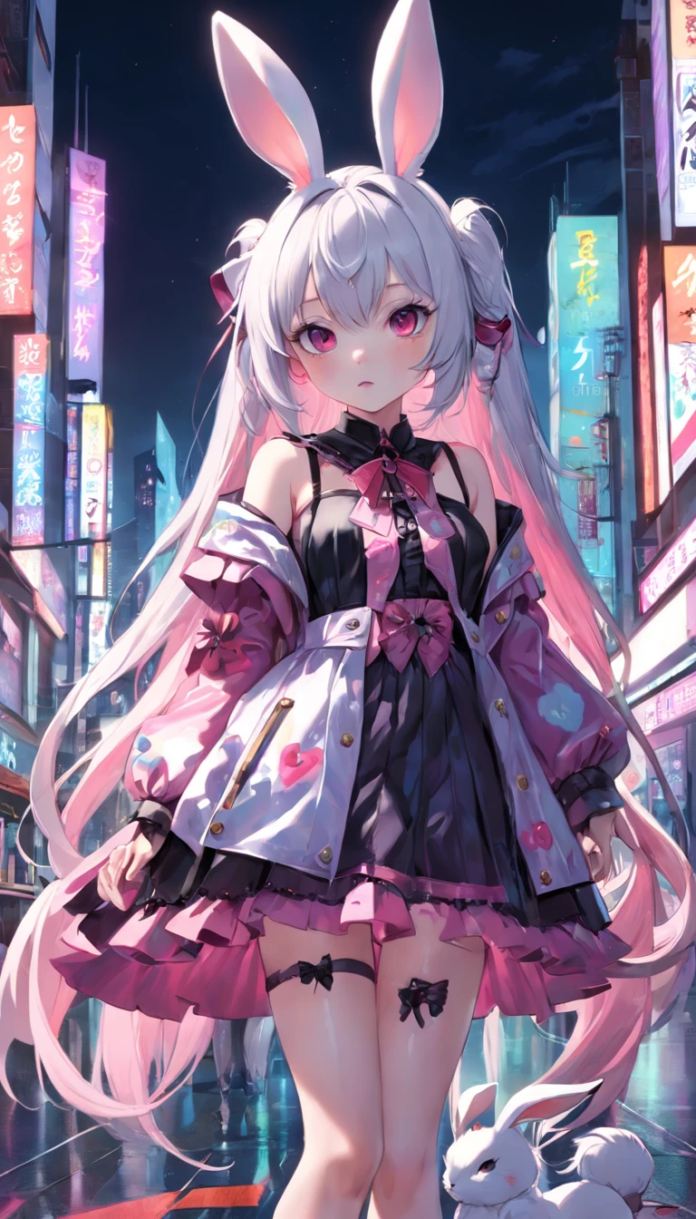 "Imaginative concept art of a cute rabbit"，Inspired by Lora， ((Best quality)), ((Masterpiece)), One with a gothic(bunny face)Hyper-detailed photography.Popular costumes in Harajuku style, Bold colors and patterns, Eye-catching accessories, Trendy and innovative hairstyle, Vibrant makeup， ((Beautiful and aesthetic)).Stand in the middle of an empty city