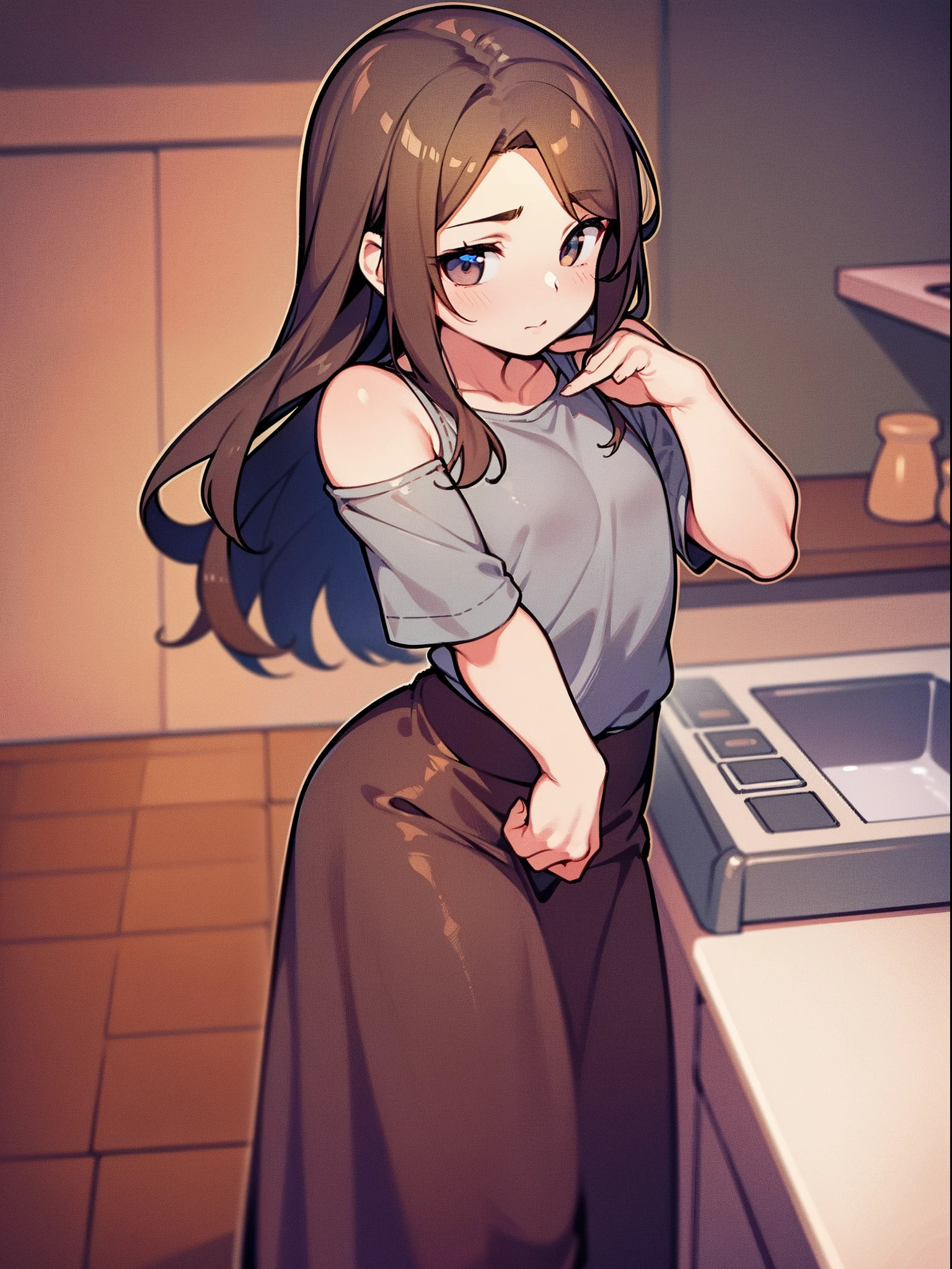 Very cute effeminate guy of with thick brown shoulder-length hair, with an almost flat but rounded chest;, in a girl's gray t-shirt, in a long brown wool skirt, In the cozy kitchen of the women's dormitory, anatomically accurate, Realistic textures, max detail,