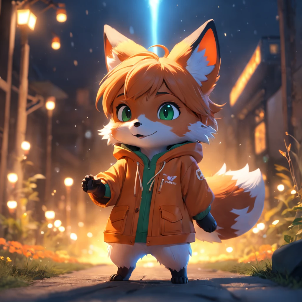 Adorable fox in Pixar movie style, usando um capuz, cinematic lighthing, Depth detection, hiper detalhada, qualidade 8k. depth of fields,perfect lighting,light particles,(best quality),(tmasterpiece),(Ultra - Detailed),sharp focus,light particles,Niji,fox,male,god eyes,green_eye,Looking_in_viewer,smile,so little,furry, bicho_orelha_fluff,open sky_Attire,Crossed waist with one hand,upper body,tail,short-sleeved shirt,eyeglasses,sunbeams,soft smile,from below,holding coffee(Fox, furry, anthropomorphic), Male, Best quality, human-like body figure), looking at viewer with orange hoodie and sunglasses holding cell phone, fox, avatar image, with futuristic outfit, CGSetnation ),like, professional art, CGsociety - W 1 0 2 4 - N 8 - I,The name is Kan, your name is Kan