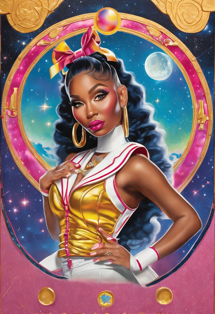 "Create a stunning artwork of Nicki Minaj as a hybrid of Sailor Moon with intricate details, vibrant colors, and dynamic poses. Incorporate elements of Sailor Moon's iconic outfit, such as the sailor collar and bow, while adding Nicki Minaj's unique style and attitude. Show her in a powerful and confident pose, with mesmerizing eyes and flowing hair. Enhance the image with celestial backgrounds, cosmic effects, and a touch of magic. Ensure the artwork is of the highest quality, with exquisite attention to detail and flawless execution."
