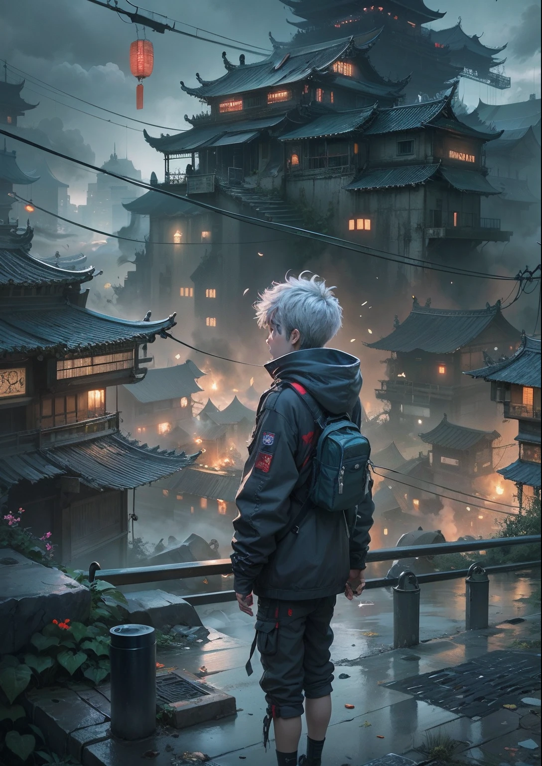 1boy,a 13 yo boy、Cyberpunk Boy、katanas,machine gun、silber hair、Short hairstyle、Whole body bloody、Back lighting,The beginning of the adventure、Lots of clouds,Beautiful fog,Chaotic city of the future、ruined and devastated city、dystopian、A very complex group of Chinese buildings stands in the center、Highly complex Chinese buildings、Dim lighting、Fantastic lights、puddles、Chaotic landscape、Beautiful and fantastic scenery、Cinematic scenery、hightquality、masutepiece,8K、hight resolution、ultra-detailliert,