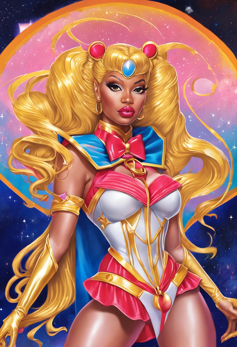"Create a stunning artwork of Nicki Minaj as a hybrid of Sailor Moon with intricate details, vibrant colors, and dynamic poses. Incorporate elements of Sailor Moon's iconic outfit, such as the sailor collar and bow, while adding Nicki Minaj's unique style and attitude. Show her in a powerful and confident pose, with mesmerizing eyes and flowing hair. Enhance the image with celestial backgrounds, cosmic effects, and a touch of magic. Ensure the artwork is of the highest quality, with exquisite attention to detail and flawless execution."