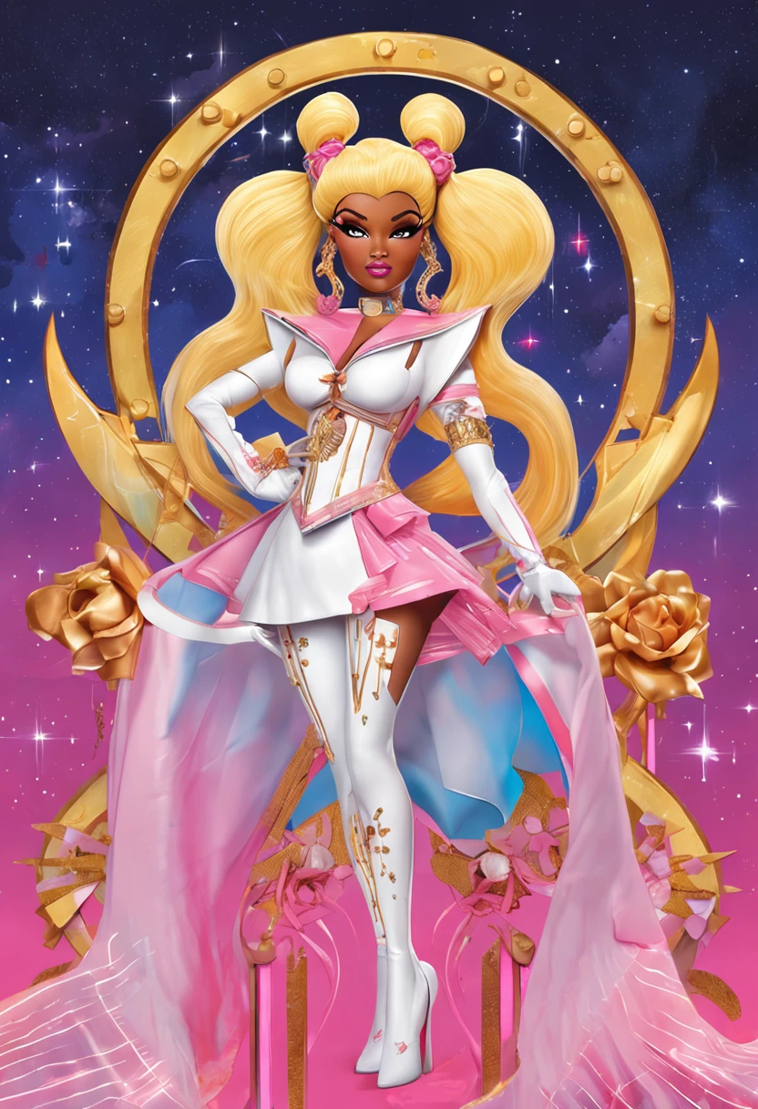 "Create a stunning artwork of Nicki Minaj as a hybrid of Sailor Moon with intricate details, vibrant colors, and dynamic poses. Incorporate elements of Sailor Moon's iconic outfit, such as the sailor collar and bow, while adding Nicki Minaj's unique style and attitude. Show her in a powerful and confident pose, with mesmerizing eyes and flowing hair. Enhance the image with celestial backgrounds, cosmic effects, and a touch of magic. Ensure the artwork is of the highest quality, with exquisite attention to detail and flawless execution."