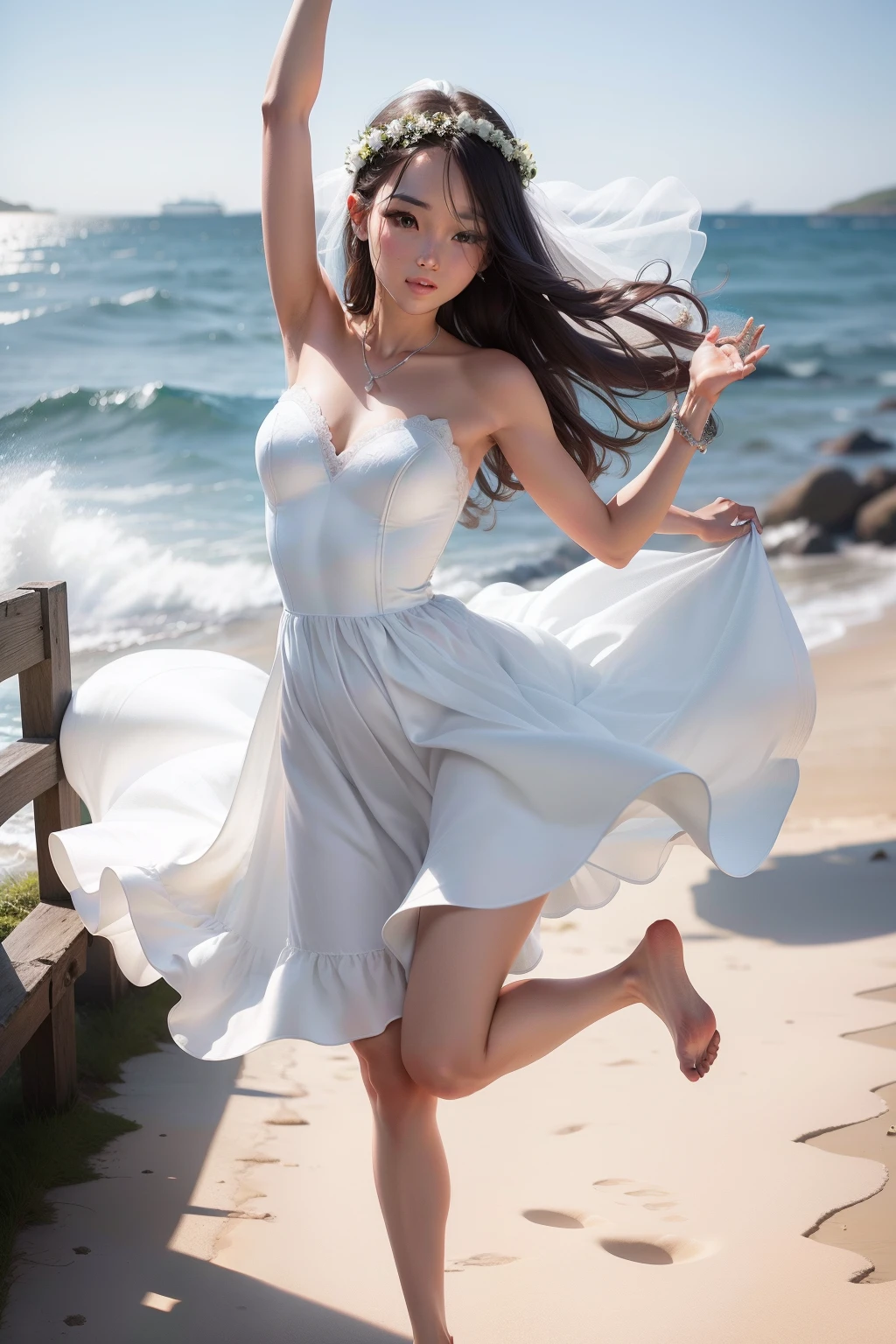 jumpping femele a picture sea side wedding dress