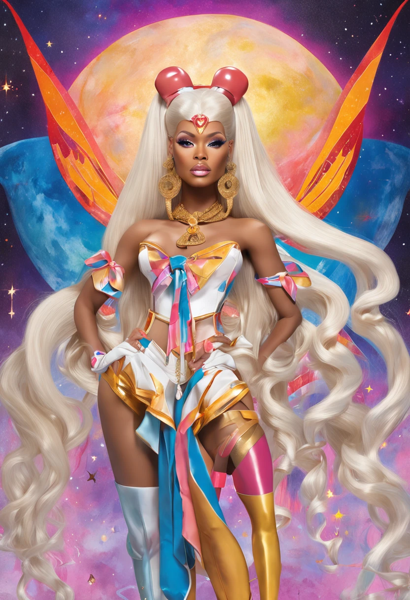 "Create a stunning artwork of Nicki Minaj as a hybrid of Sailor Moon with intricate details, vibrant colors, and dynamic poses. Incorporate elements of Sailor Moon's iconic outfit, such as the sailor collar and bow, while adding Nicki Minaj's unique style and attitude. Show her in a powerful and confident pose, with mesmerizing eyes and flowing hair. Enhance the image with celestial backgrounds, cosmic effects, and a touch of magic. Ensure the artwork is of the highest quality, with exquisite attention to detail and flawless execution."