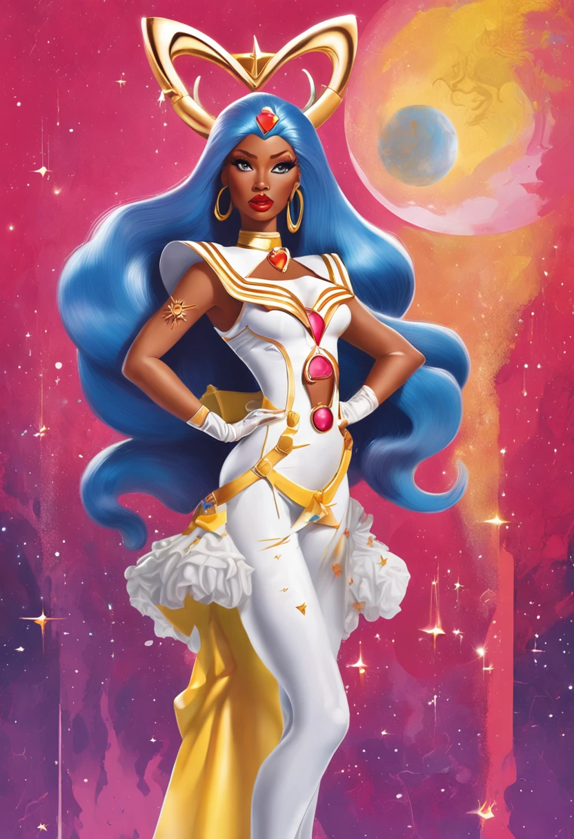 "Create a stunning artwork of Nicki Minaj as a hybrid of Sailor Moon with intricate details, vibrant colors, and dynamic poses. Incorporate elements of Sailor Moon's iconic outfit, such as the sailor collar and bow, while adding Nicki Minaj's unique style and attitude. Show her in a powerful and confident pose, with mesmerizing eyes and flowing hair. Enhance the image with celestial backgrounds, cosmic effects, and a touch of magic. Ensure the artwork is of the highest quality, with exquisite attention to detail and flawless execution."