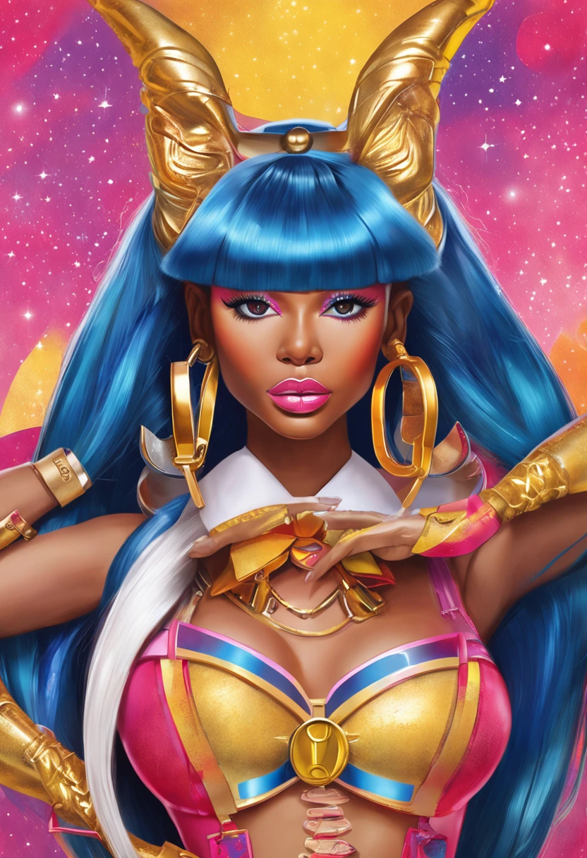 "Create a stunning artwork of Nicki Minaj as a hybrid of Sailor Moon with intricate details, vibrant colors, and dynamic poses. Incorporate elements of Sailor Moon's iconic outfit, such as the sailor collar and bow, while adding Nicki Minaj's unique style and attitude. Show her in a powerful and confident pose, with mesmerizing eyes and flowing hair. Enhance the image with celestial backgrounds, cosmic effects, and a touch of magic. Ensure the artwork is of the highest quality, with exquisite attention to detail and flawless execution."