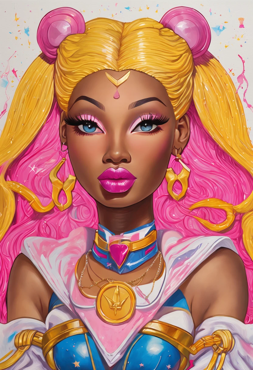 "Create a stunning artwork of Nicki Minaj as a hybrid of Sailor Moon with intricate details, vibrant colors, and dynamic poses. Incorporate elements of Sailor Moon's iconic outfit, such as the sailor collar and bow, while adding Nicki Minaj's unique style and attitude. Show her in a powerful and confident pose, with mesmerizing eyes and flowing hair. Enhance the image with celestial backgrounds, cosmic effects, and a touch of magic. Ensure the artwork is of the highest quality, with exquisite attention to detail and flawless execution."