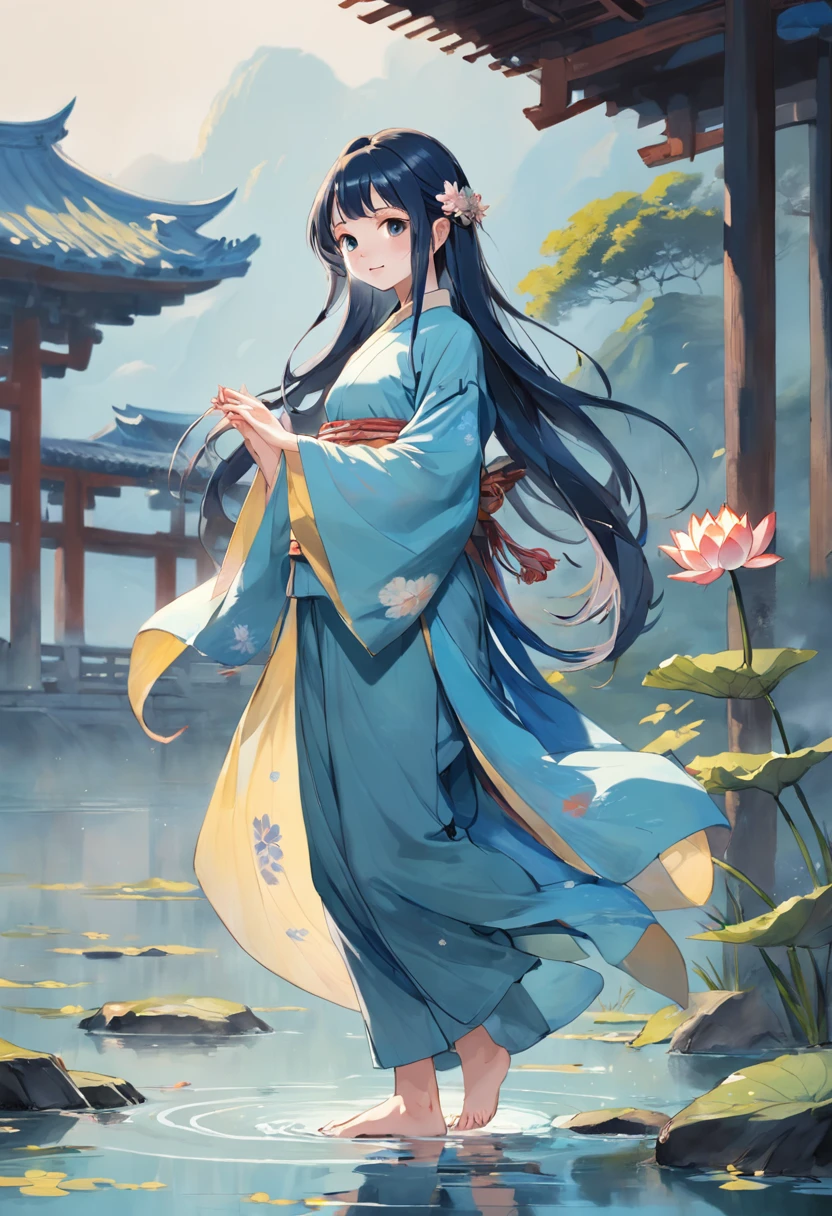 Traditional chinese painting, lotuses, Hanfu, maxiskit, Dress conservatively 1girl, solo, blue long hair, ssmile, standing on your feet, Feet in the water, The barefoot,tmasterpiece，best qualtiy，Sense of age，The paper is yellowed