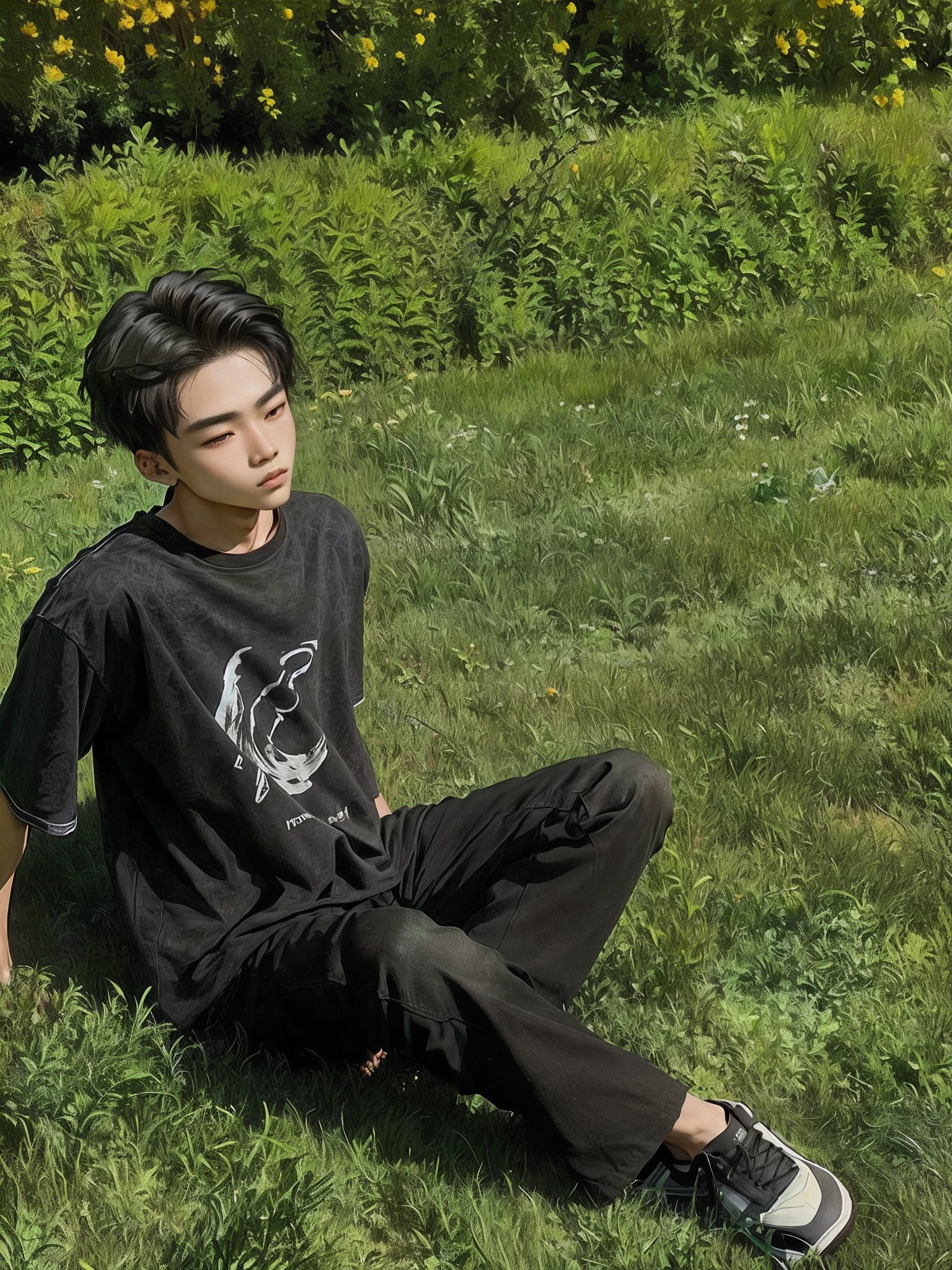 The Alafard boy sits on the grass,Frisbee in hand, sat on the ground, sitting on green grass, park jimin, he is wearing a black t-shirt, Kim Tae-joon, hyung tae, On a sunny day, Dyeing, jimin, Sitting in the garden, tommy 1 6 , In the grass, inspired by Chen Chi