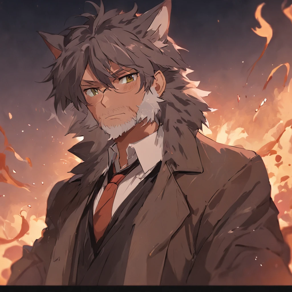 4K, perfectly shaded, Perfect lighting, Hairy chest, anthro, Furry art,middle aged man,Big back,Black and white hair,stubbles,Handsome face,wind coat,Business suit,围巾,cigars,Male leopard,irate,Exaggerated expressions,two tone color hair,eye glass, Detailed face, Perfect face, Detailed background, coda,