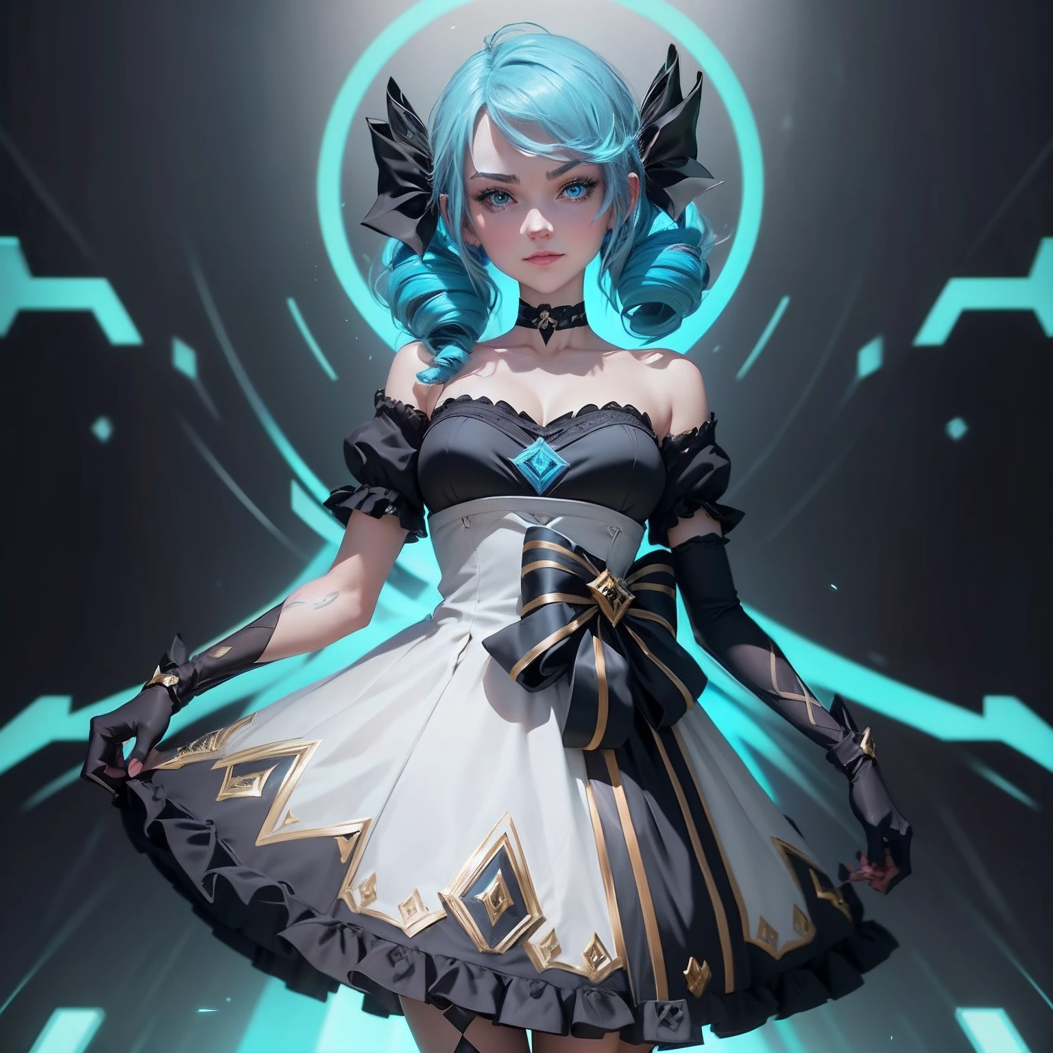 knee level shot of a 1 girl,gwen \ (league of legends\) ,black bow,black gloves,black legwear,blue eyes,blue hair,bow,collarbone,dress,drill hair, with a face, Anime screencap, Smirking, stylized, Generative Art, (art by Eileen Gray:1.1) ,