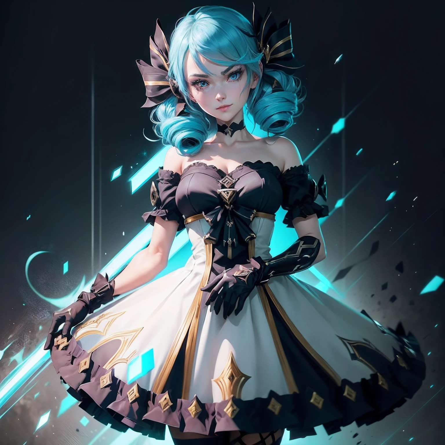 knee level shot of a 1 girl,gwen \ (league of legends\) ,black bow,black gloves,black legwear,blue eyes,blue hair,bow,collarbone,dress,drill hair, with a face, Anime screencap, Smirking, stylized, Generative Art, (art by Eileen Gray:1.1) ,