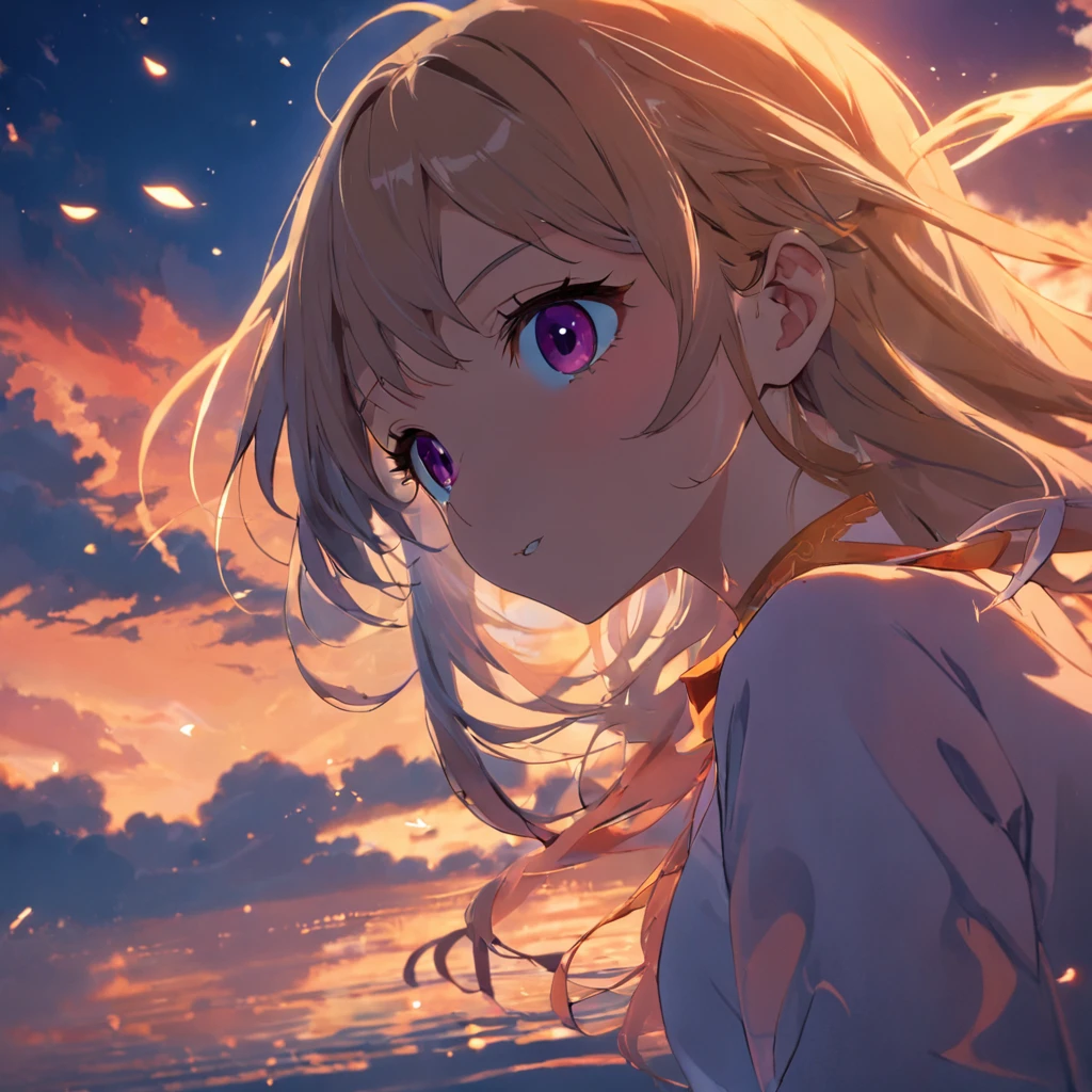 tmasterpiece，best qualtiy，cinematic Film still from，1girl，Kizi，Floating in the sky，closeup cleavage，brightly，cheerfulness，Warm and soft lighting，the sunset，（spark of light：0.7）Teaching buildings