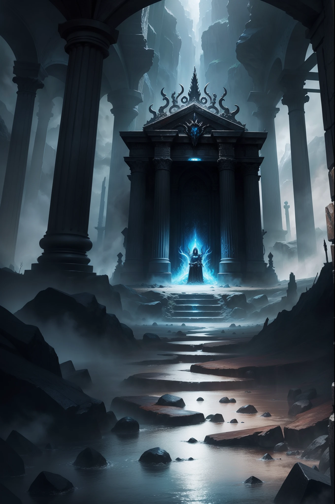 The Underworld,greek myth,hell,Dark wind,Realistic background,Landscape standing painting,Throne of Hades,Magical style