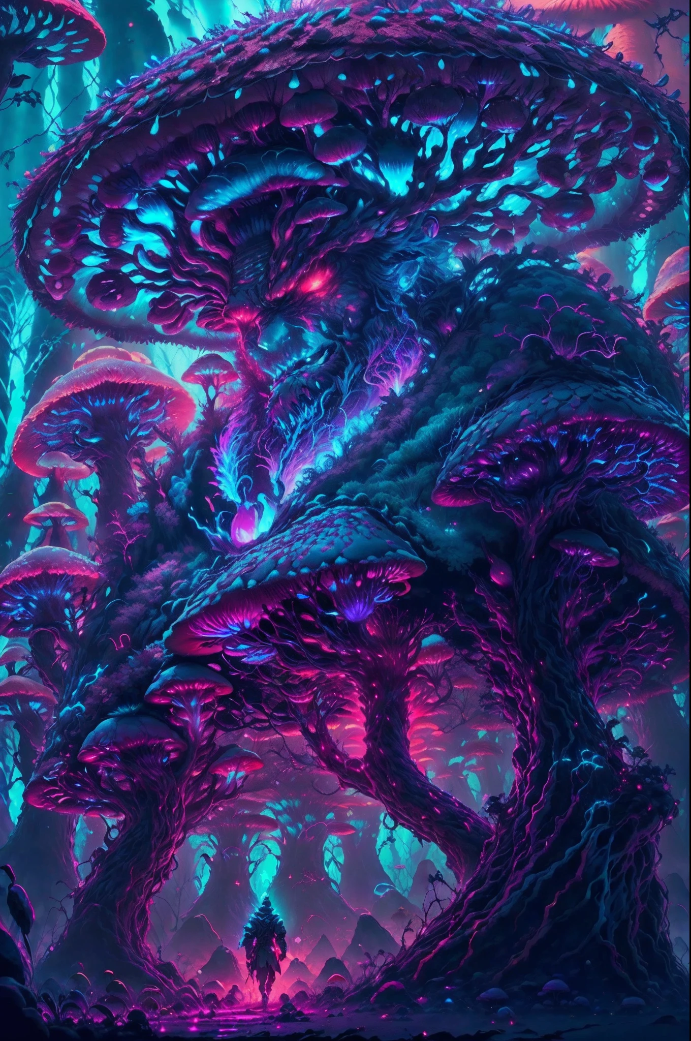 fantasy00d, , glowing light , neon lighting , glowing mushrooms , vibrant colors , a giant warrior is angry