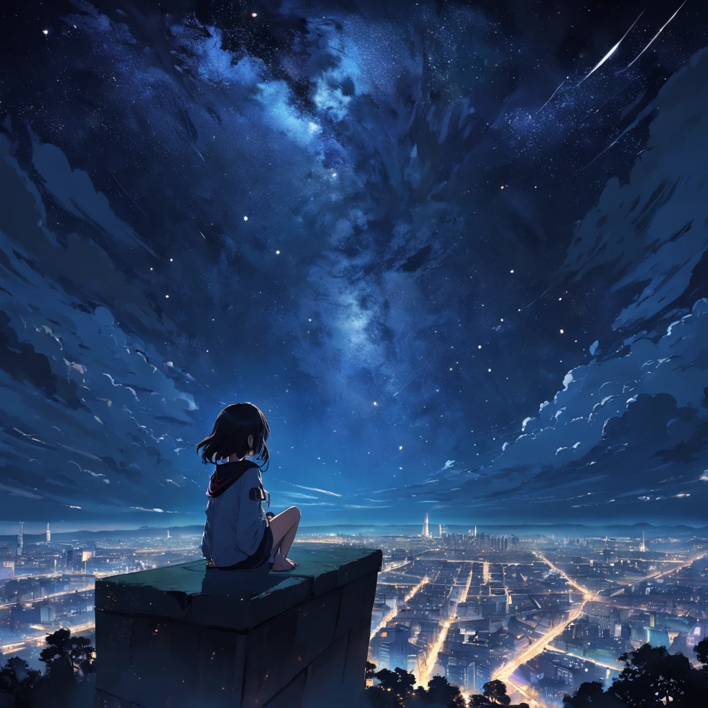 octane, sky, star (sky), landscape, starry sky, night, only child, night sky, solo, outdoor, signature, building, clouds, milky way, sitting, tree, long hair, city, silhouette, cityscape