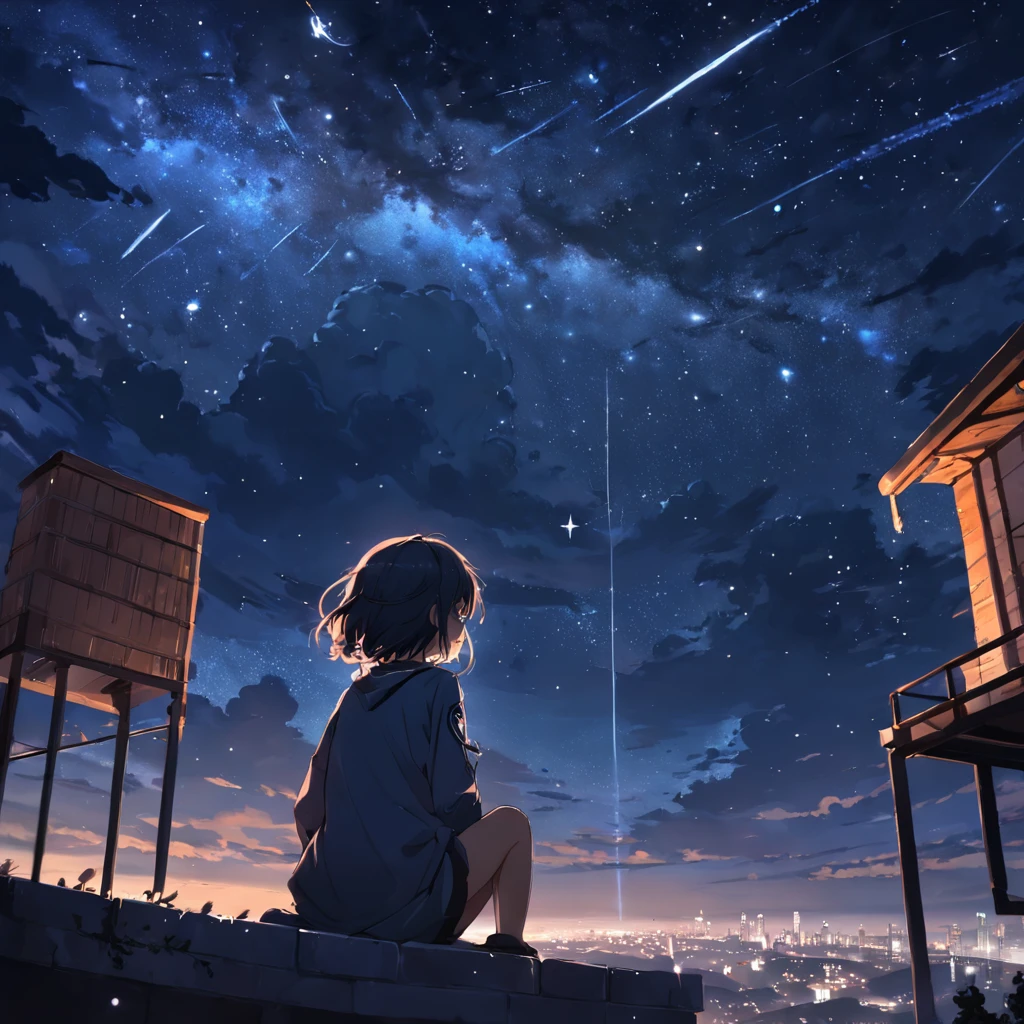 octane, sky, star (sky), landscape, starry sky, night, , night sky, solo, outdoor, signature, building, clouds, milky way, sitting, tree, long hair, city, silhouette, cityscape